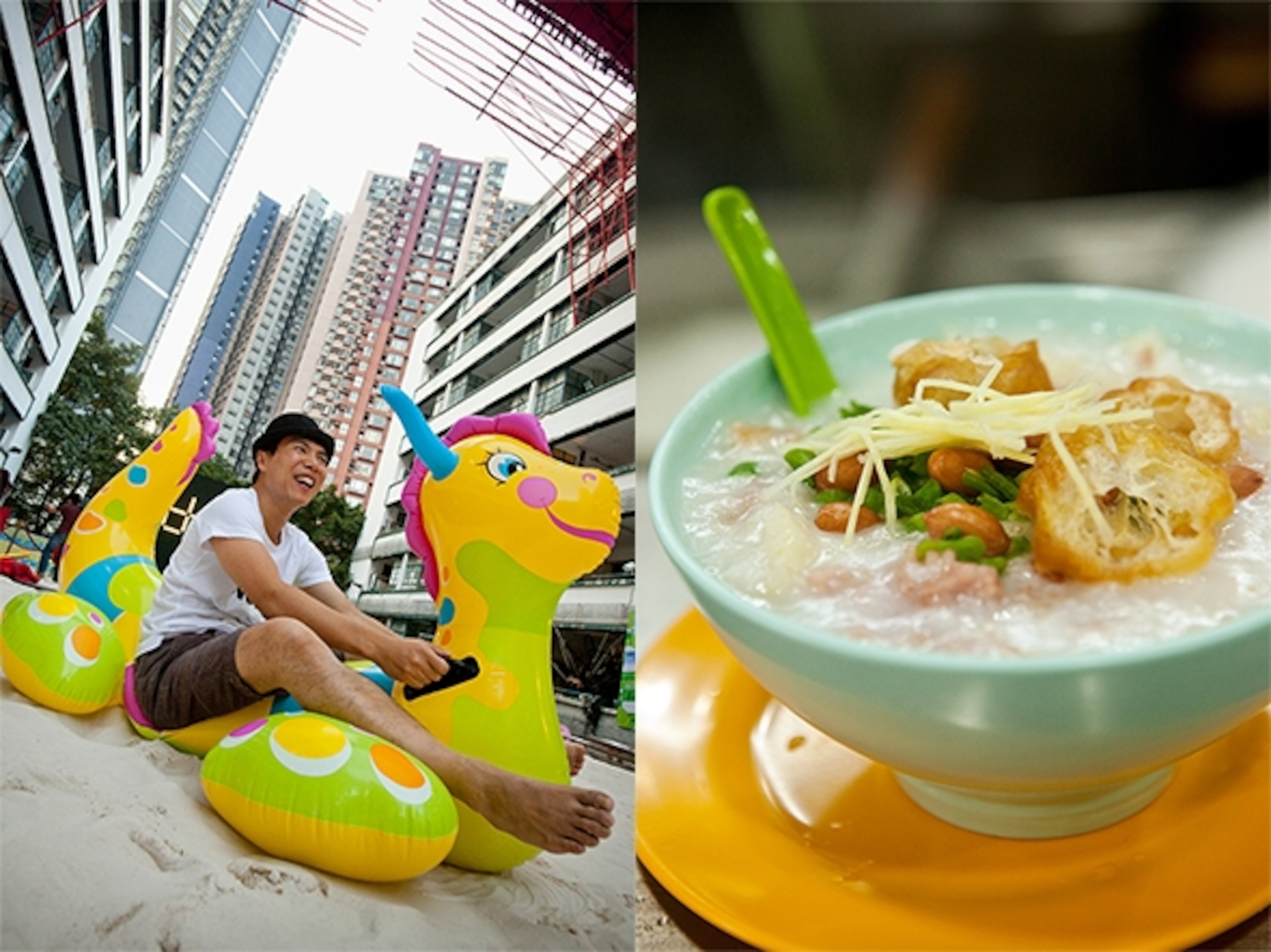 Artist and designer Douglas Young at the opening of the "Detour 2009" exhibit at the former Police Married Quarters in Hong Kong (left); Pork congee at the traditional Yung Kee congee shop in Sheung Wan (right). (Photographs by Catherine Karnow)