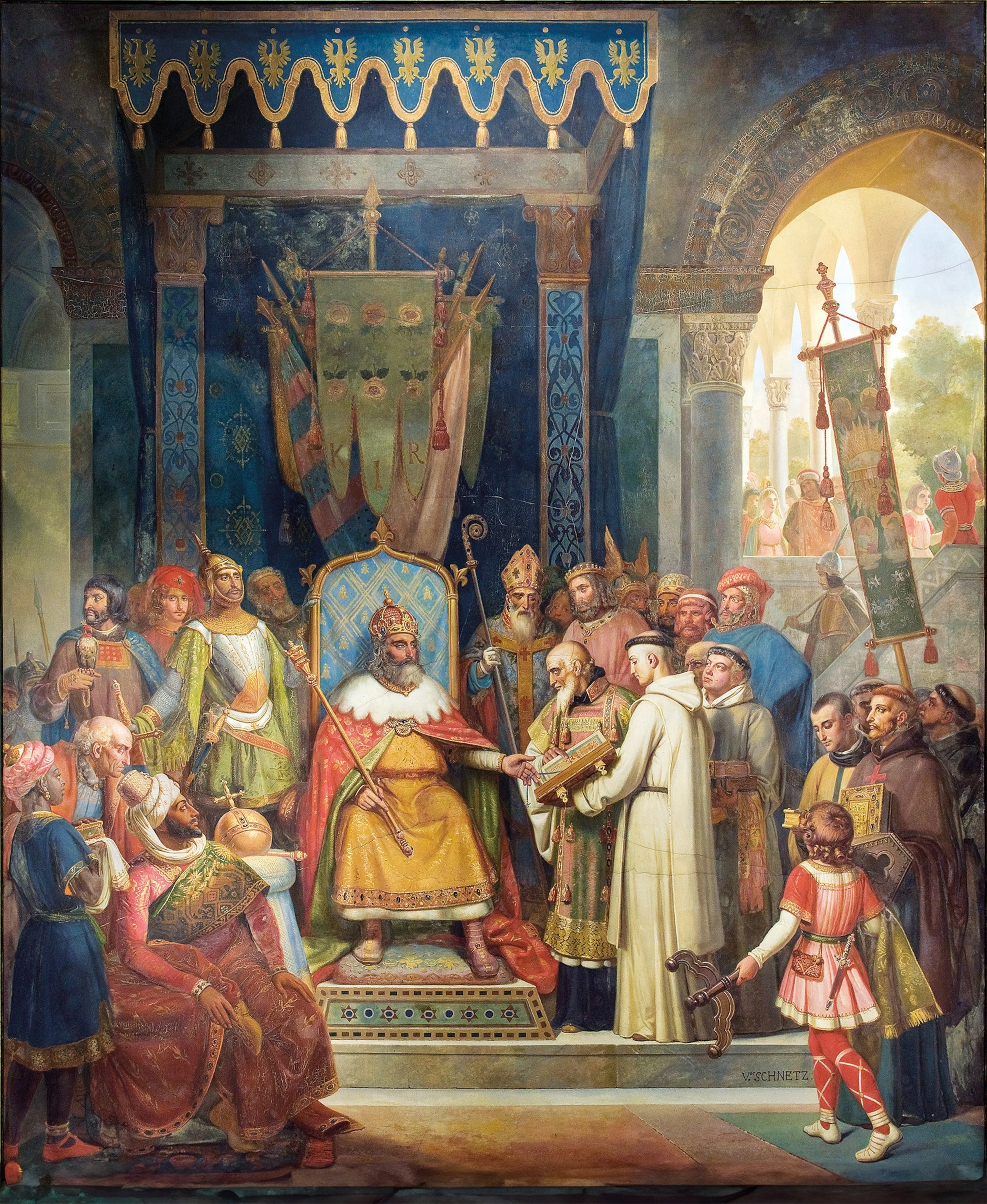 Alcuin of York presents a manuscript to Charlemagne.