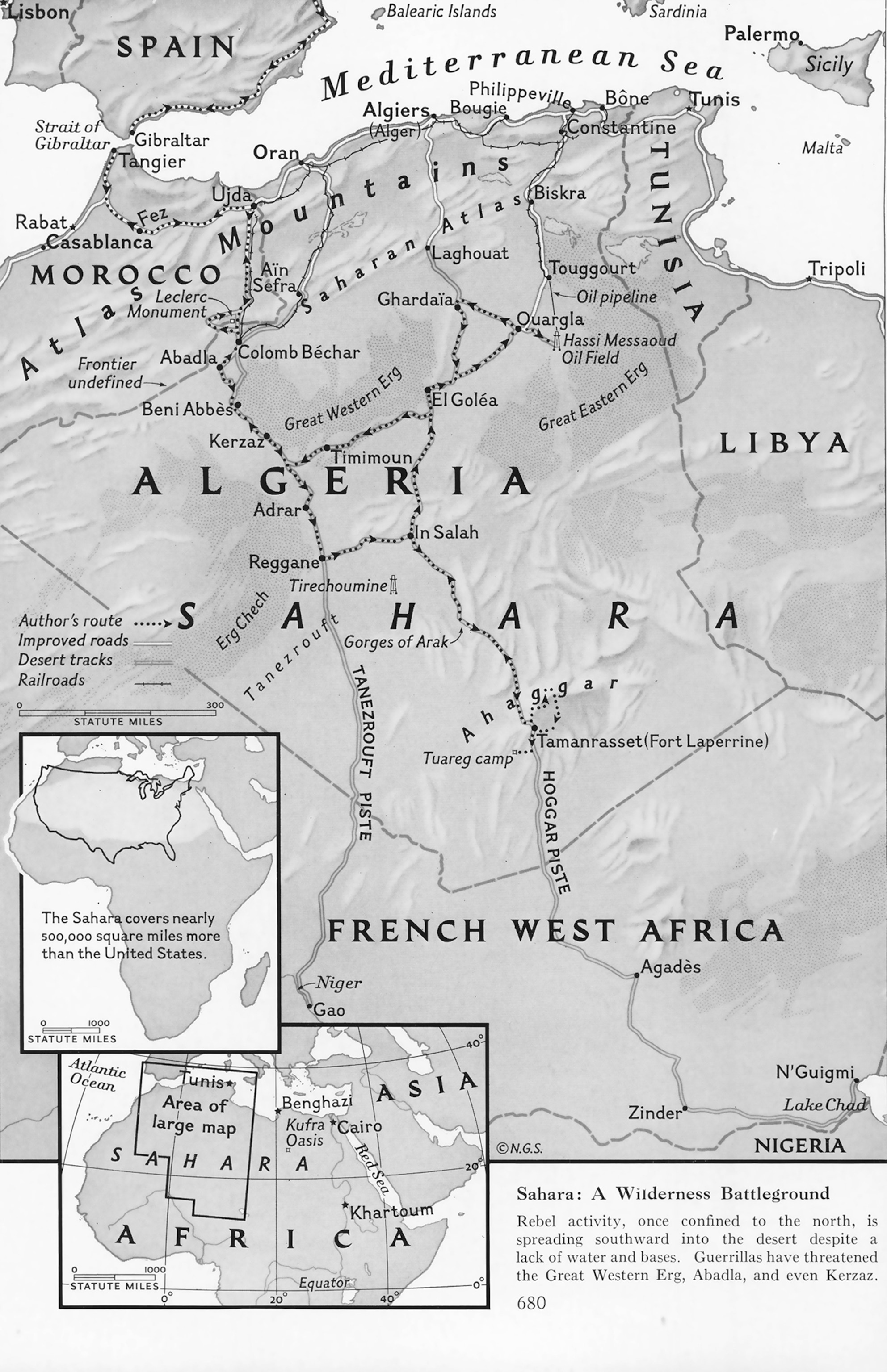 A map reads: Rebel activity, once confined to the north, is spreading southward into the desert despite a lack of water and bases. Guerrillas have threatened the Great Western Erg, Abadla, and even Kerzaz.