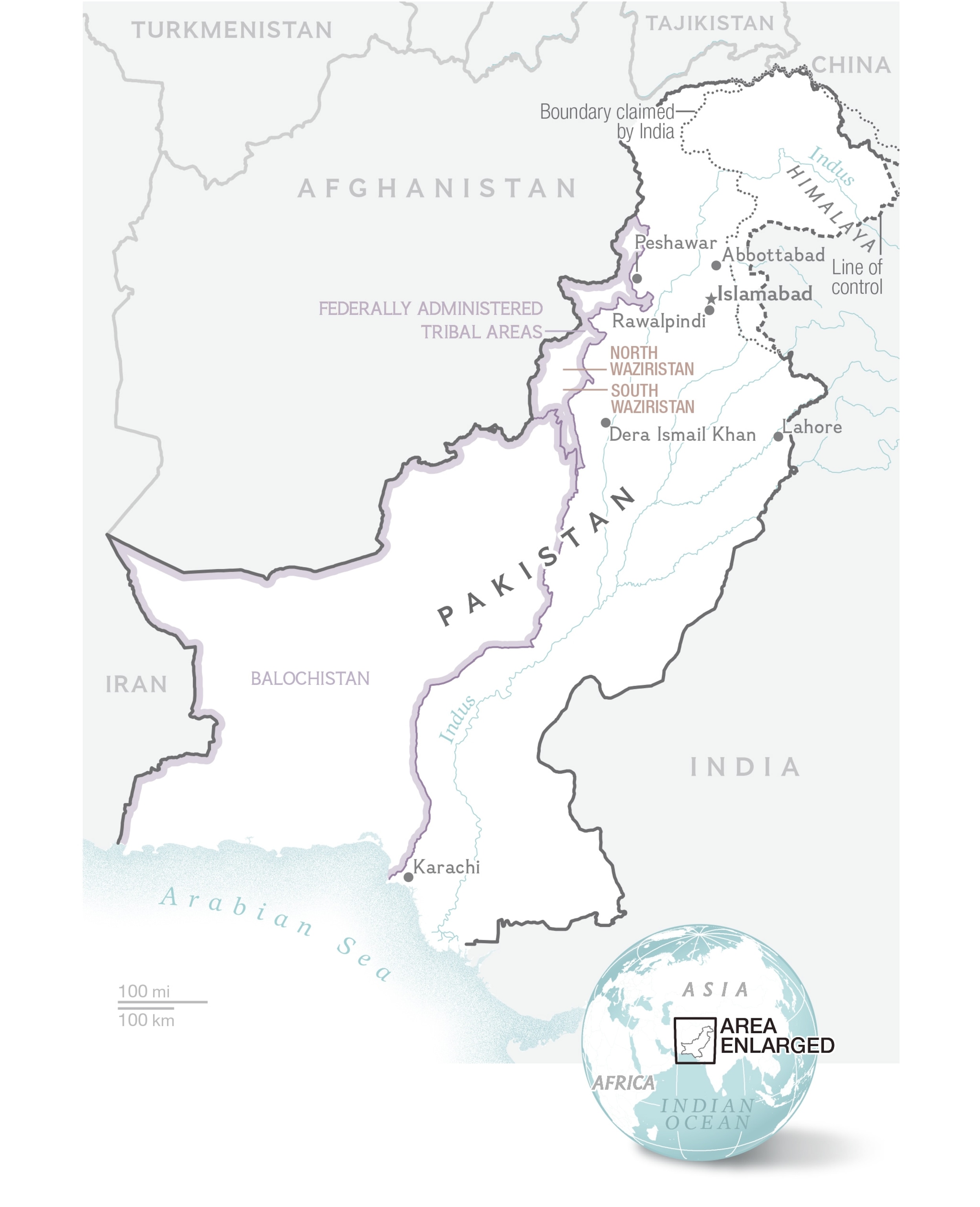 Map emphasizing locations in or near Pakistan mentioned in the series on polio in the Middle East