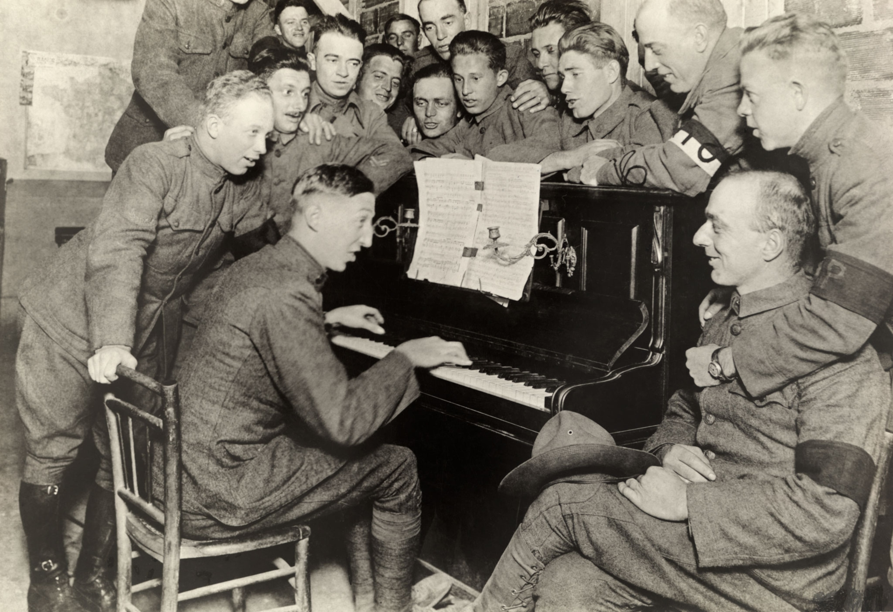 a group of soldiers singing on Christmas