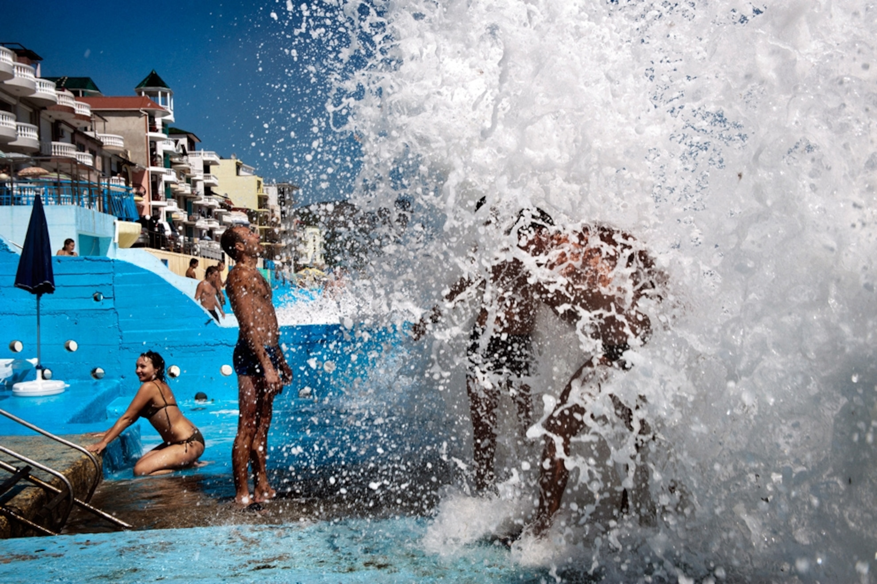 water spraying beachgoers in Crimea, Ukraine