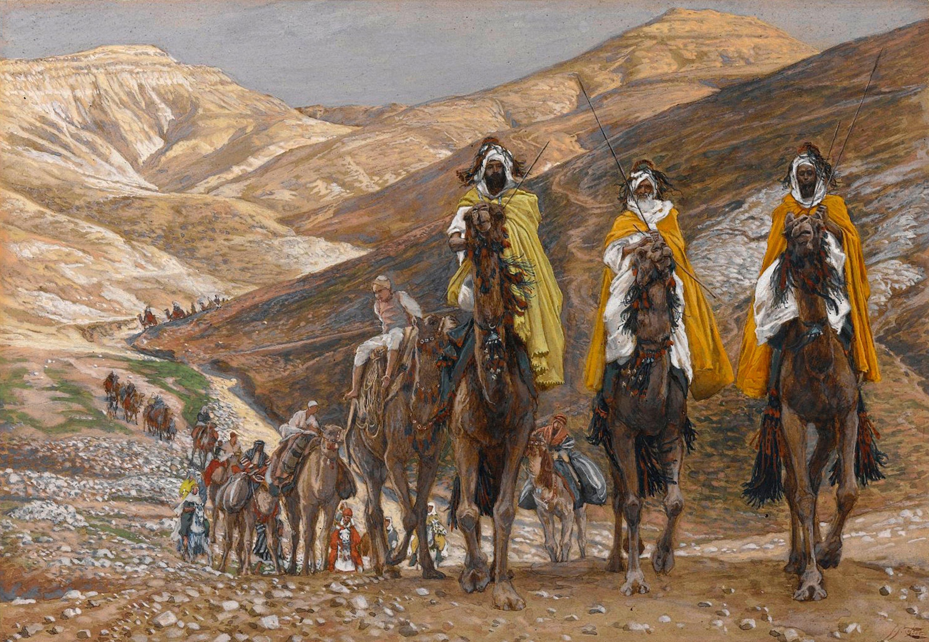 Artwork depicting three men in robes riding camels in the foreground, with a long caravan of others on foot and on camels following behind through a mountain pass