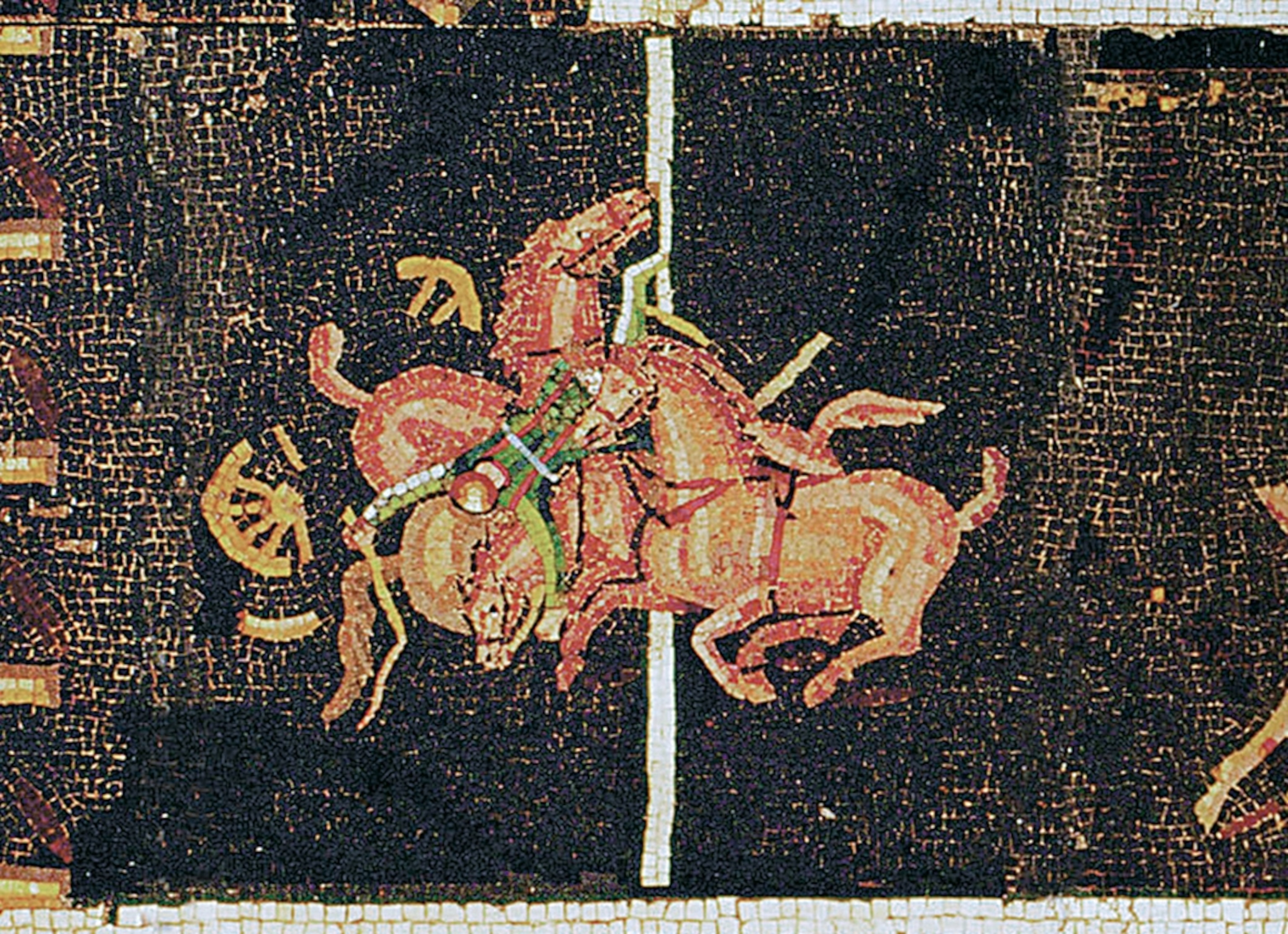 A mosaic of people performing jobs while others race chariots