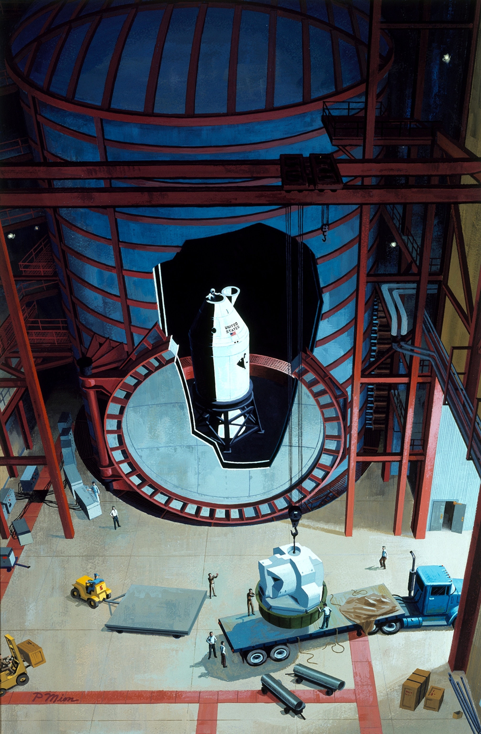 Apollo spacecraft are prepared for tests in a depressurized cylinder.