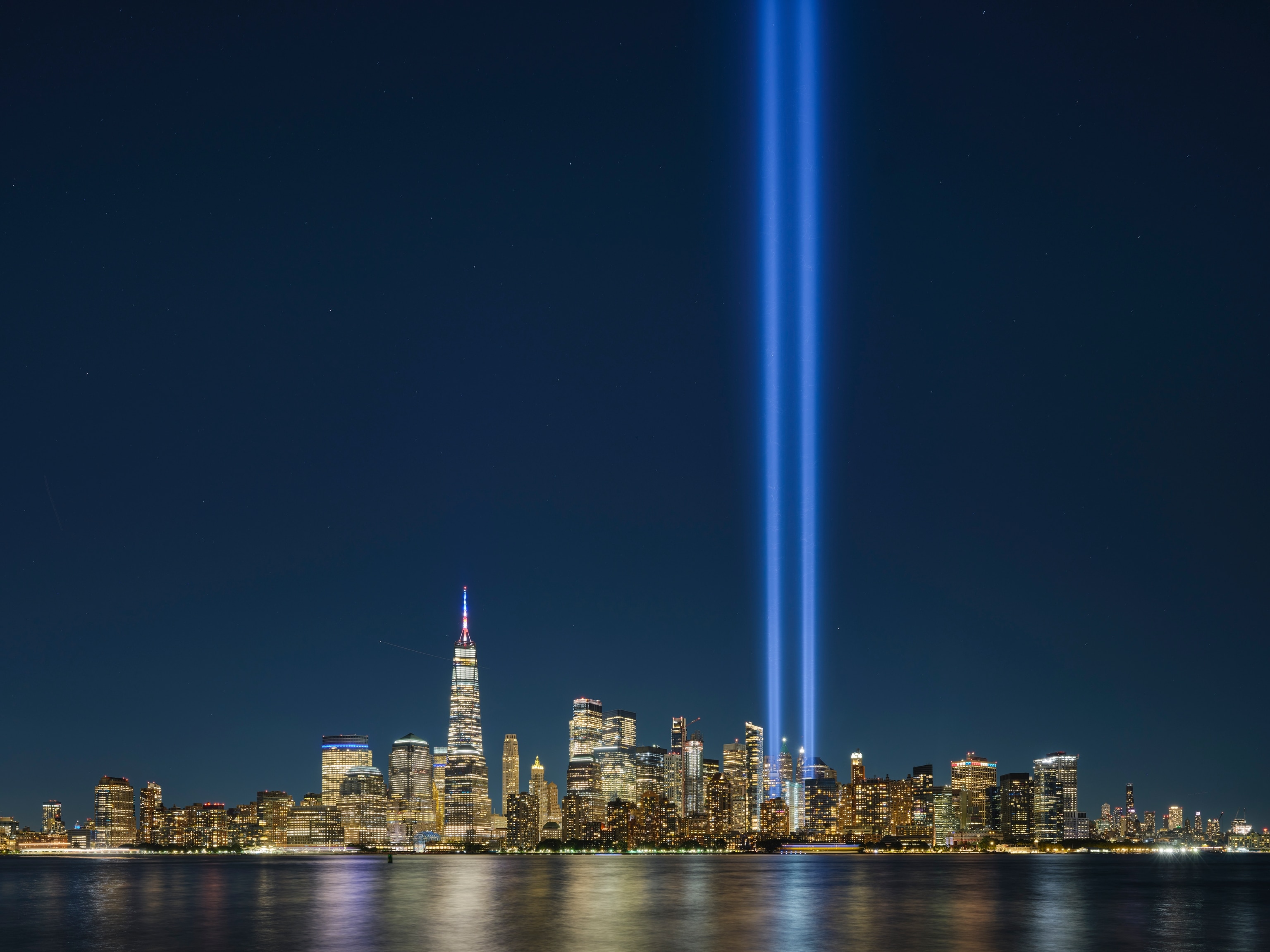 New York skyline with Tribute in Lights illuminated