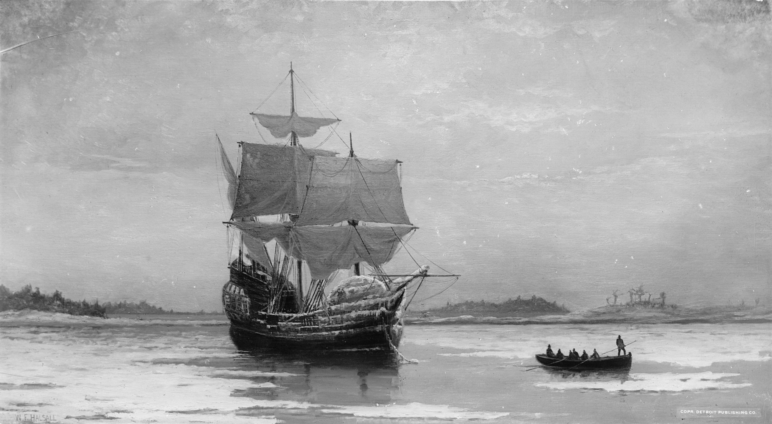 A large ship and a small canoe on the shore