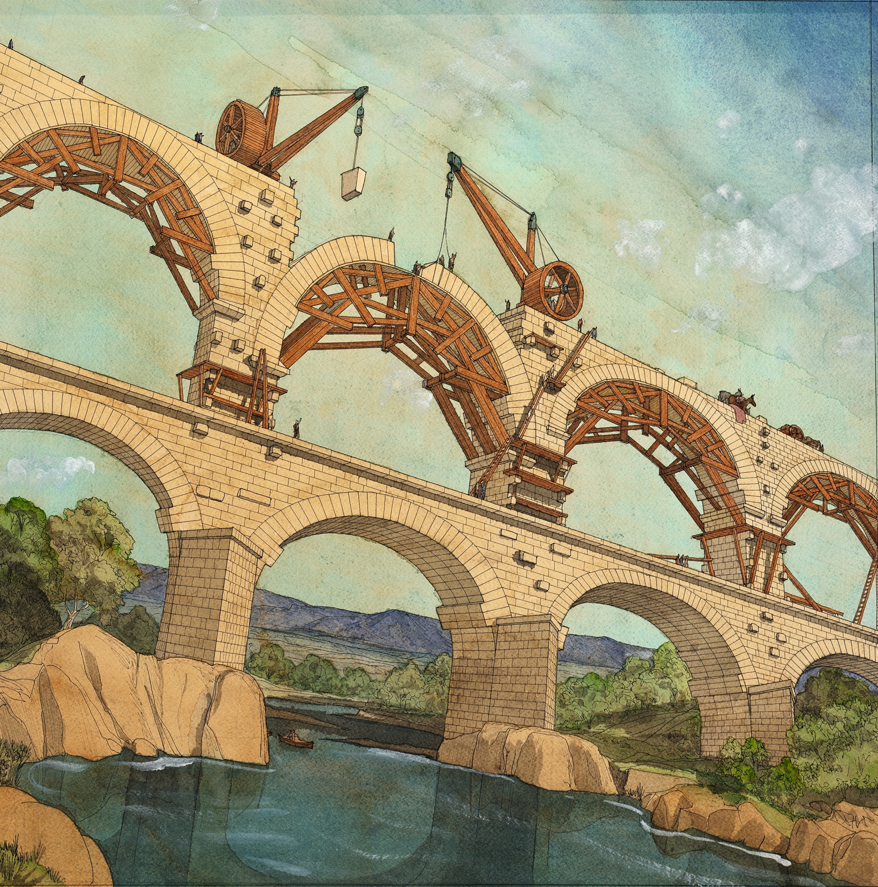 An illustration depicting the erecting of the Pont du Gard, the aqueduct that supplied water to the Roman city of Nemausus.