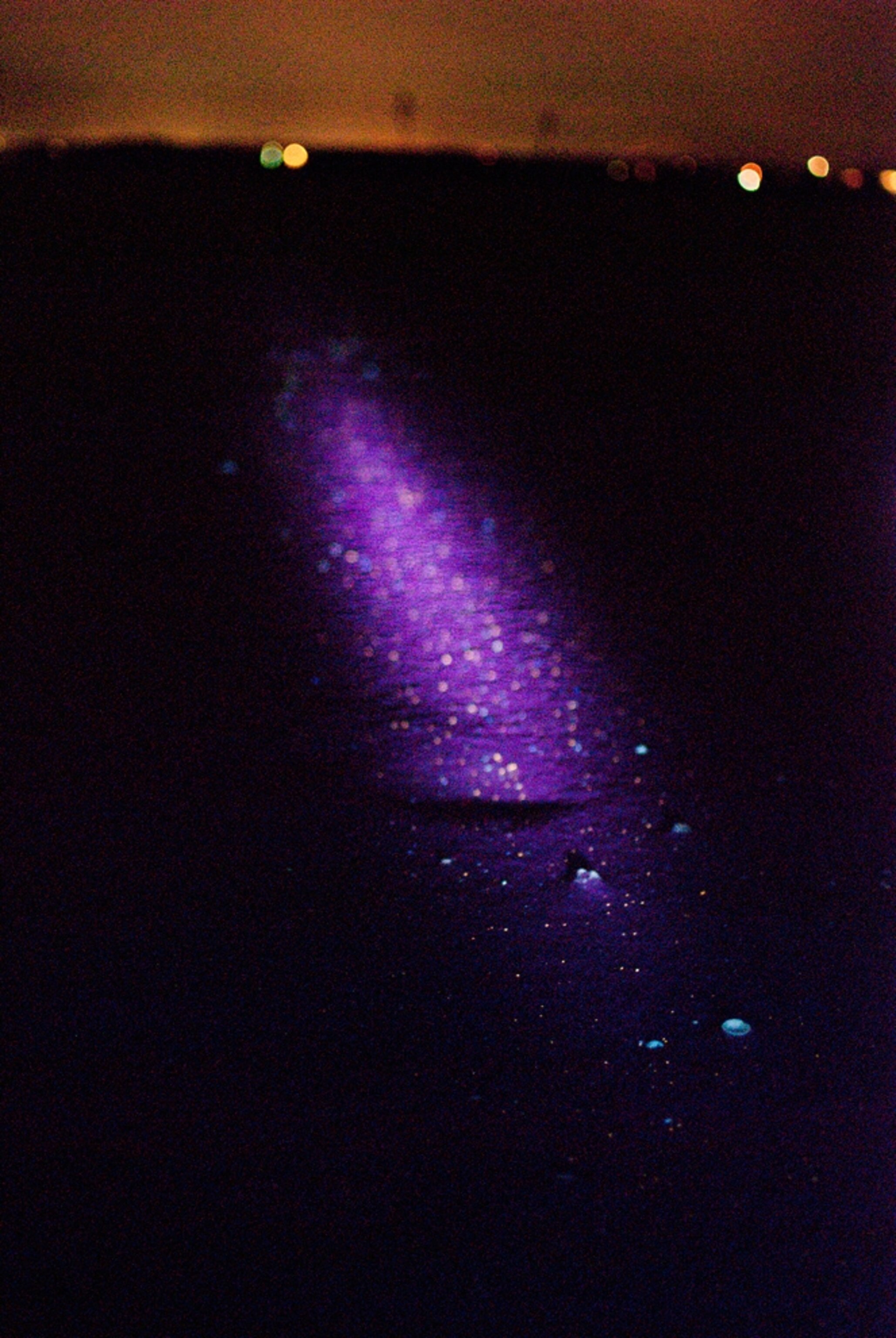a beach with specks of oil from the Gulf spill visible under ultraviolet light.