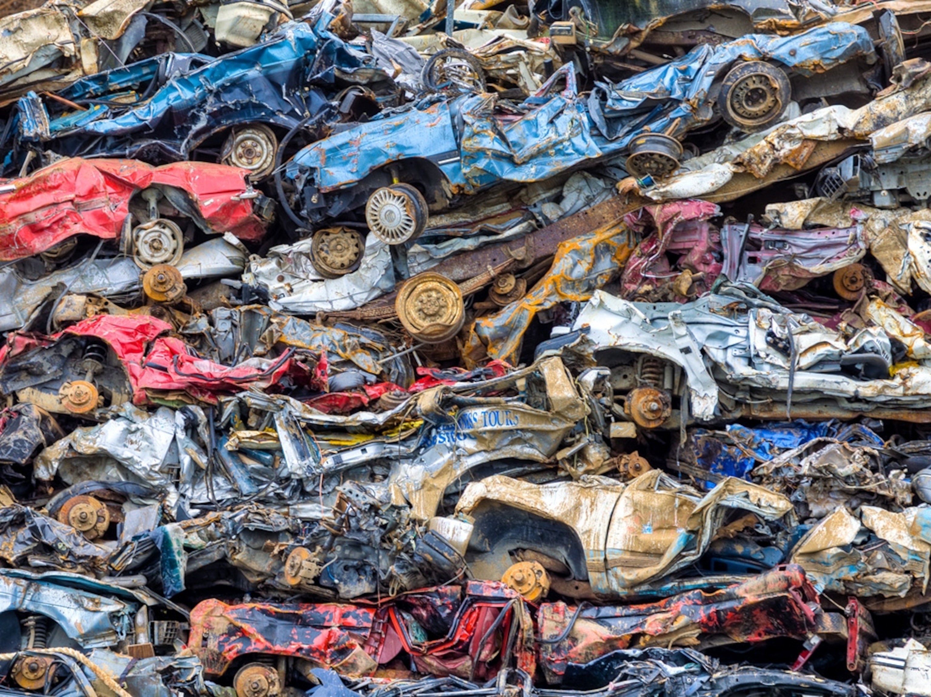 Crushed cars at a scrap yard in British Columbia