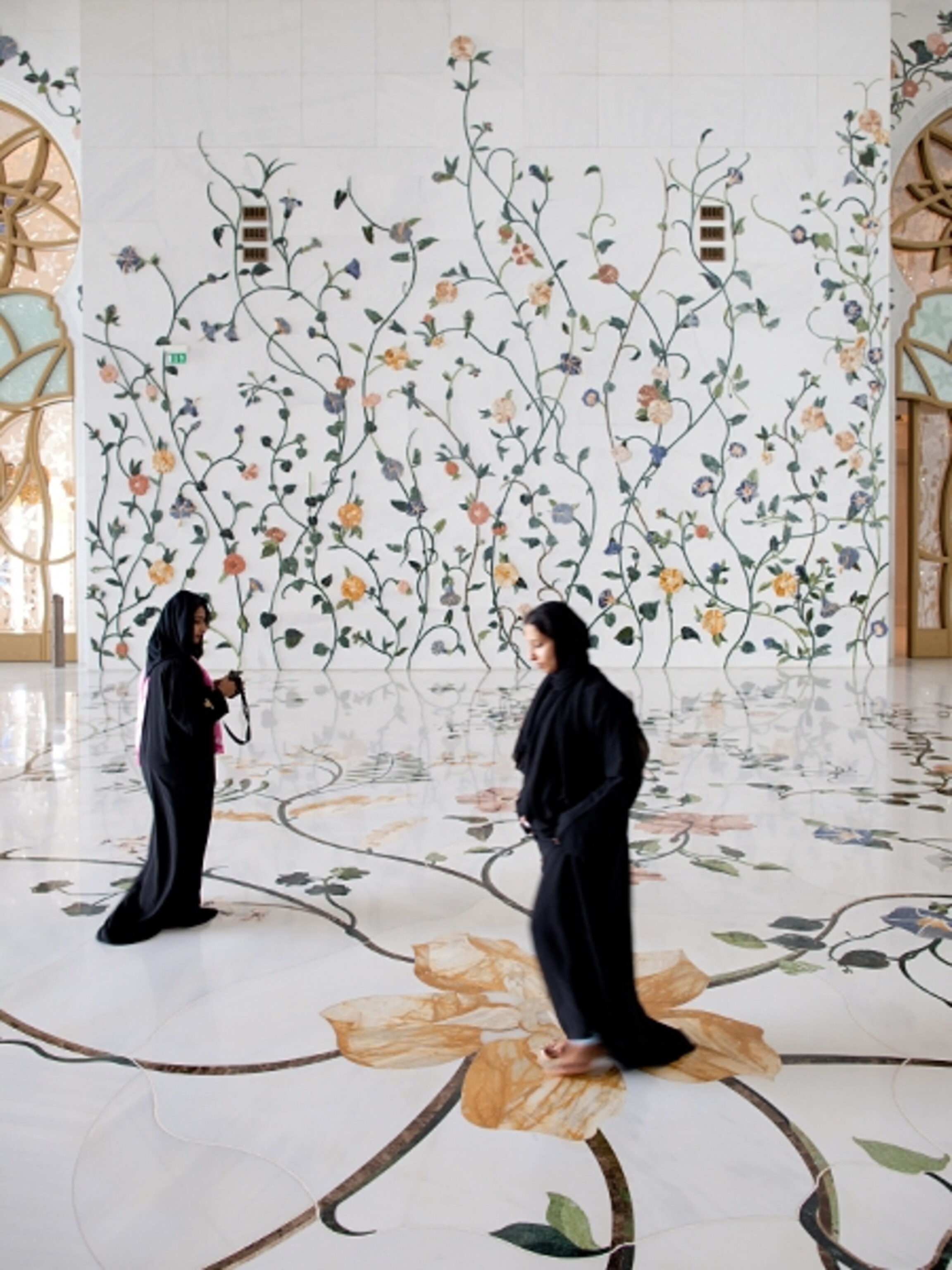 Sheikh Zayed Grand Mosque courtyard with floral marble inlays