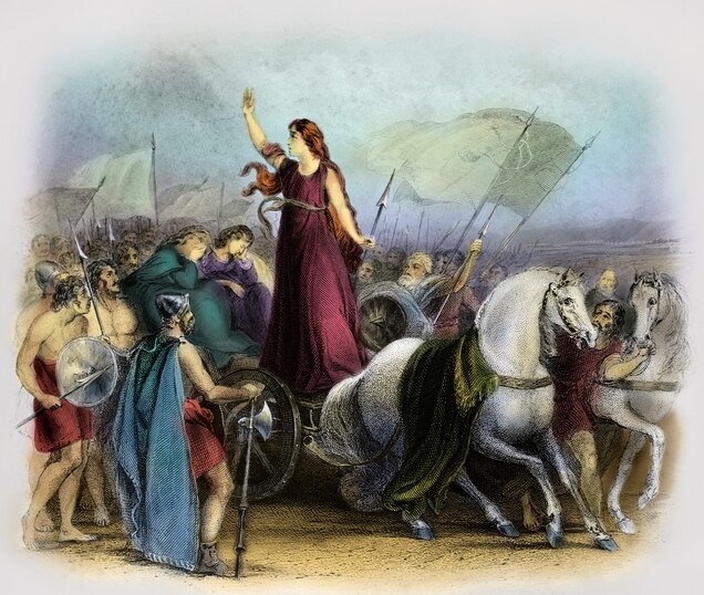 Atop her chariot, Boudicca calls out to her forces.
