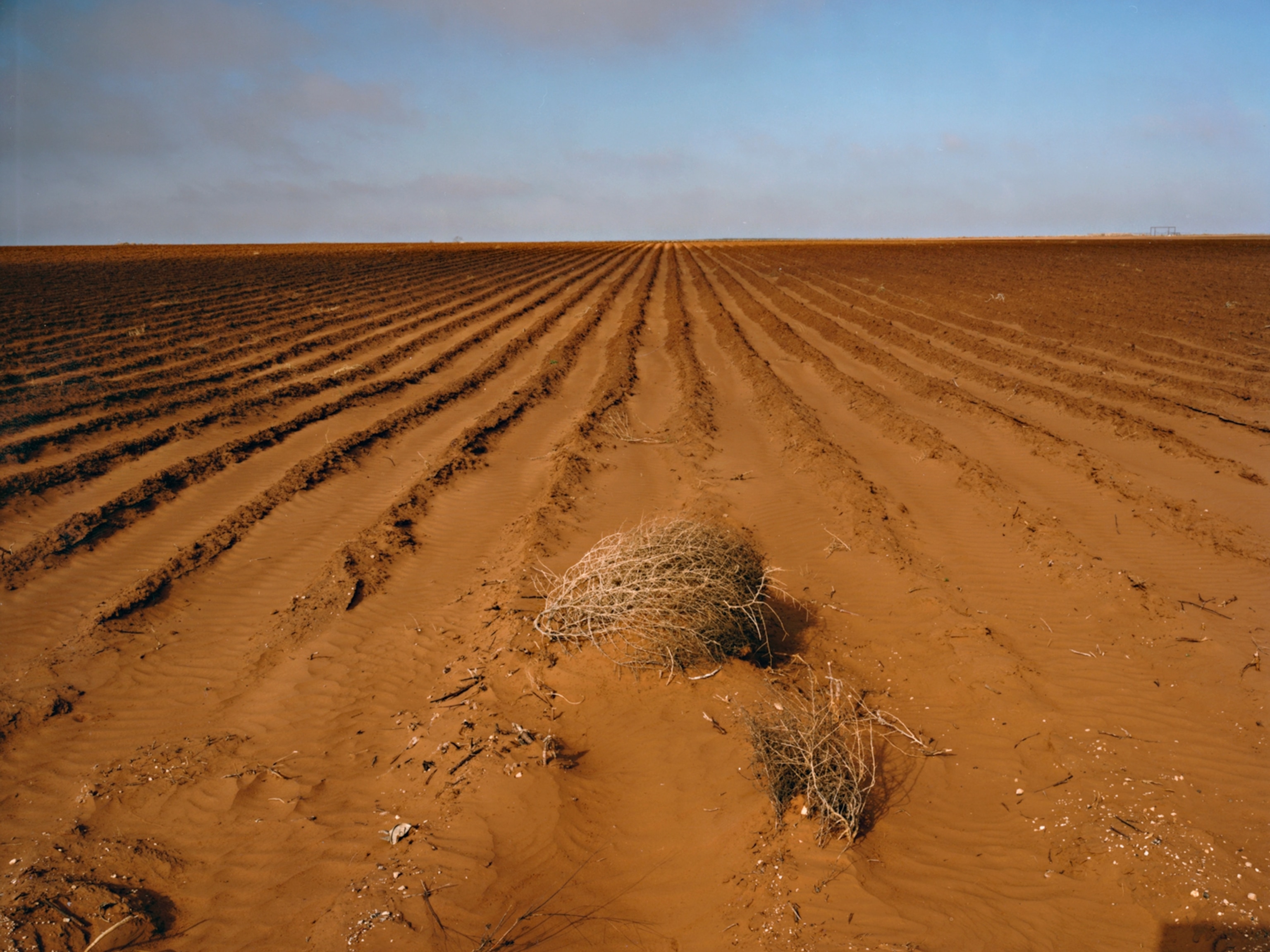 a farmer walking through a dust storm