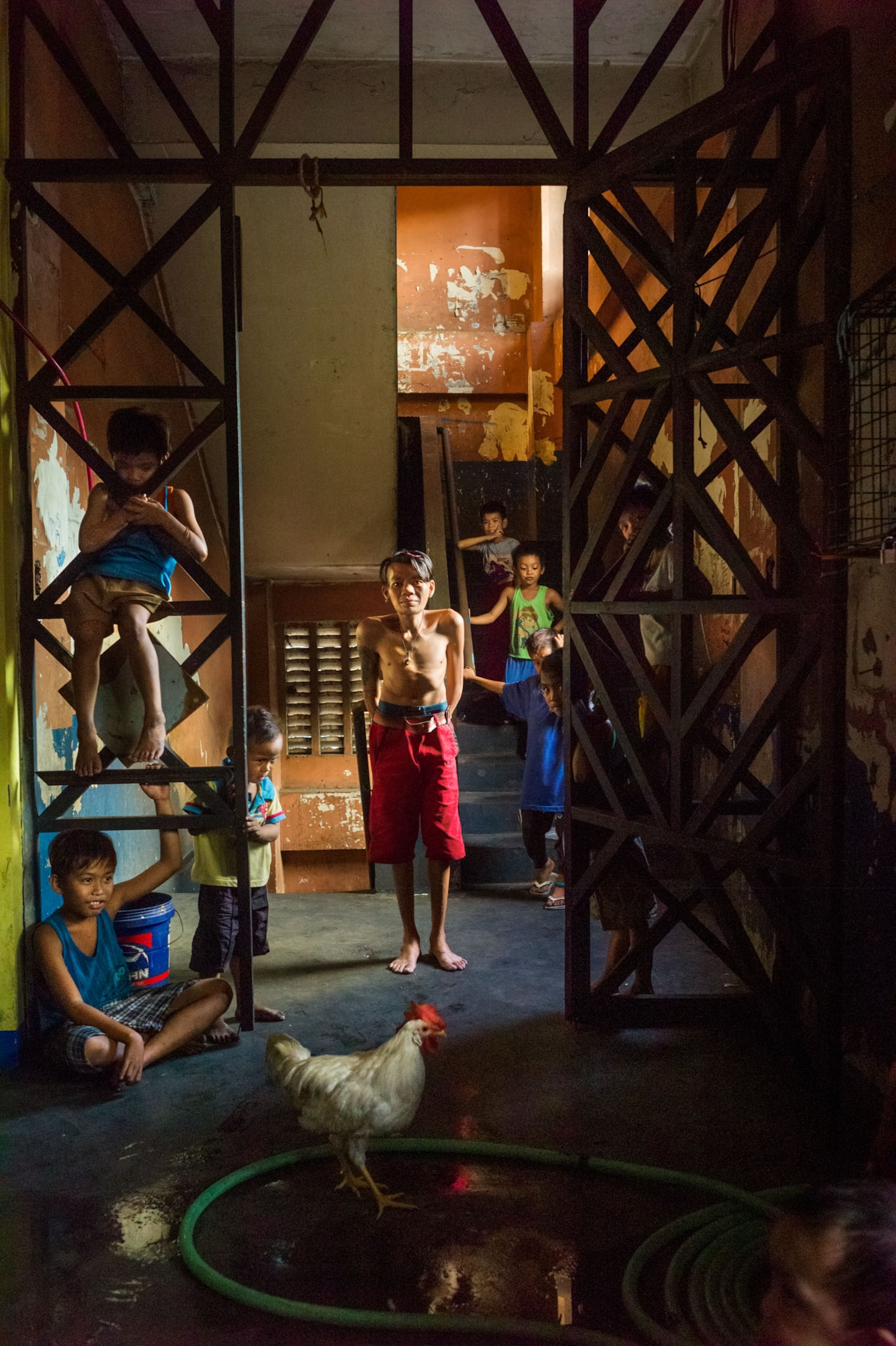 kids standing next to chickens in a hallway