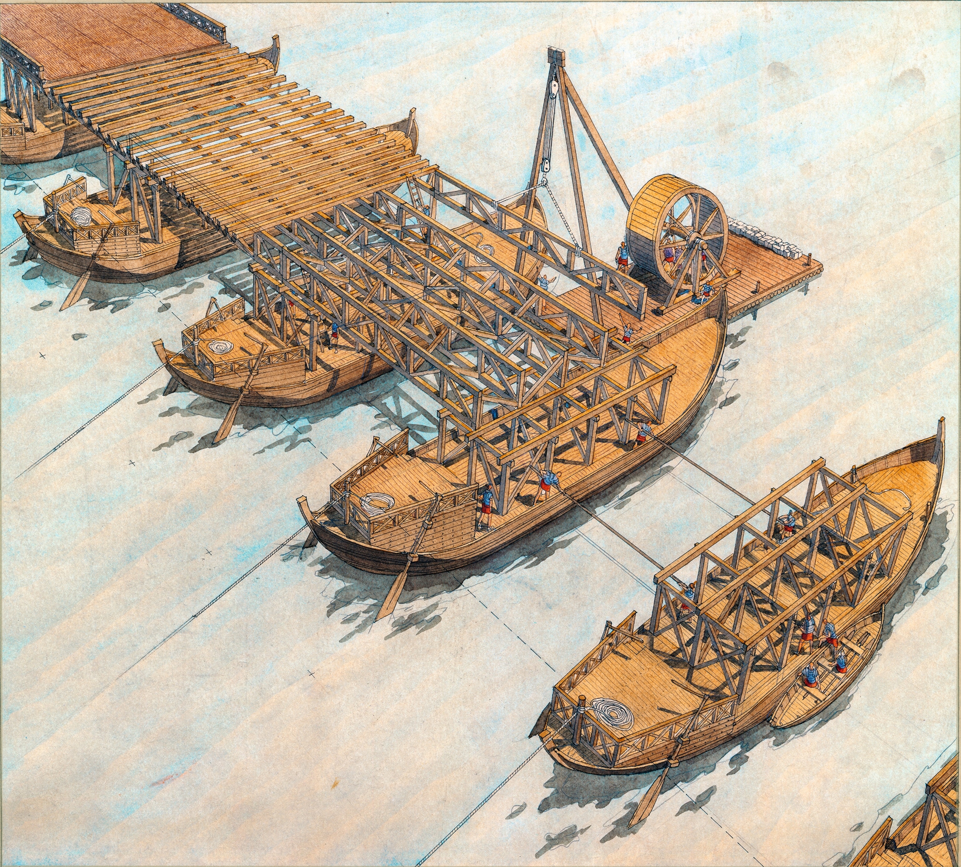 An illustration re-creates the construction of a pontoon bridge spanning a river.