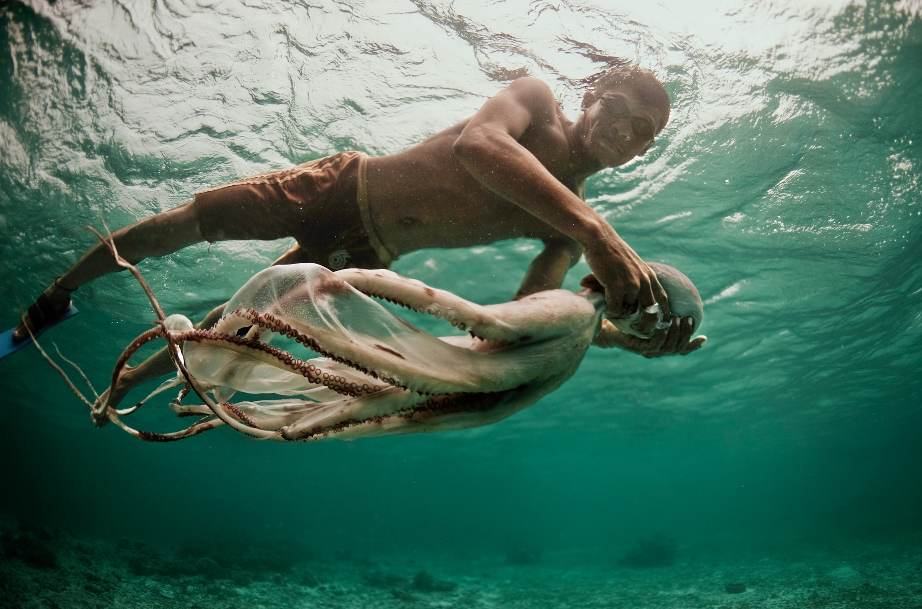 A man holding an octopus in his hand.