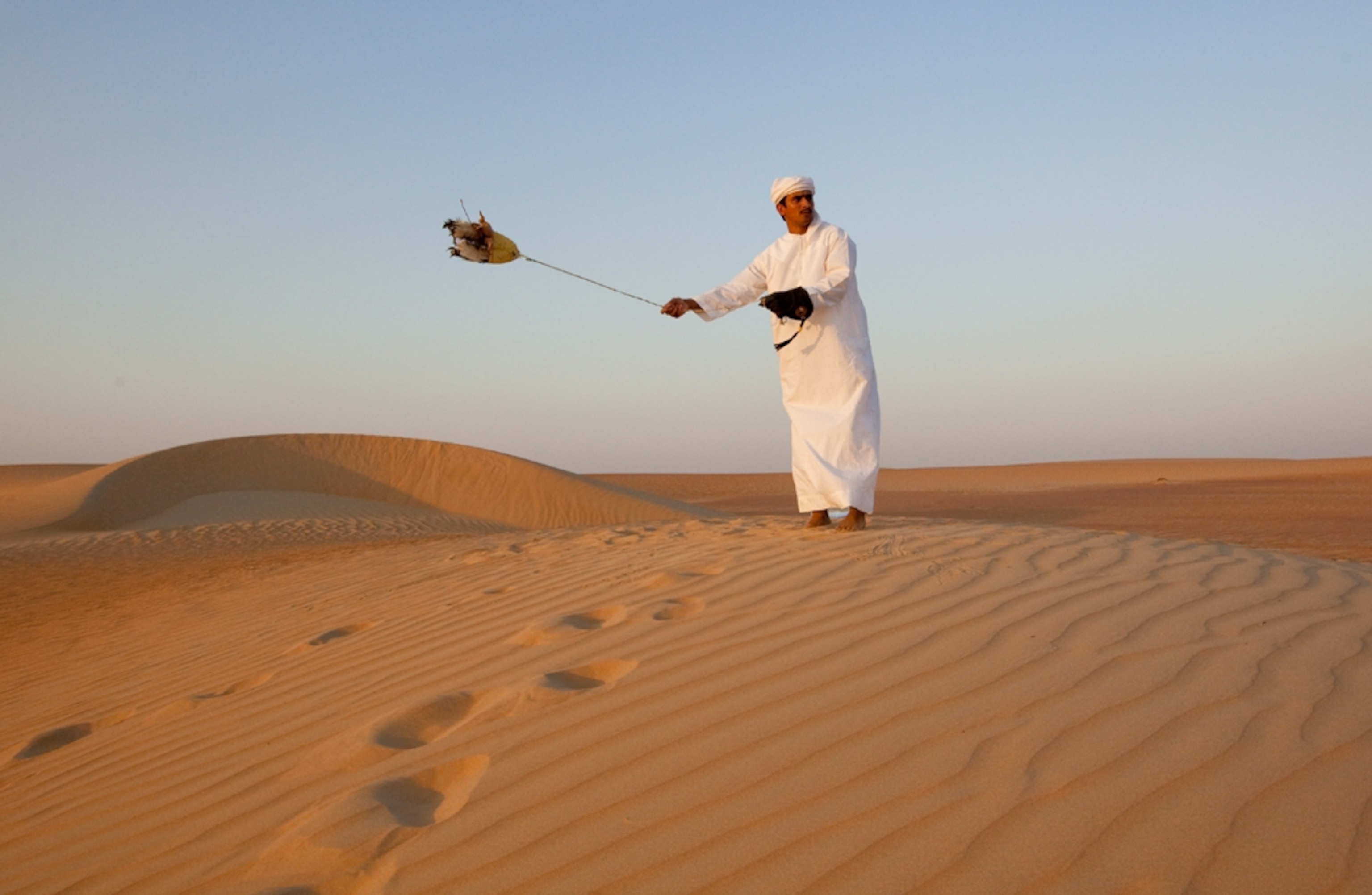 a Bedouin man swinging a falconing decoy