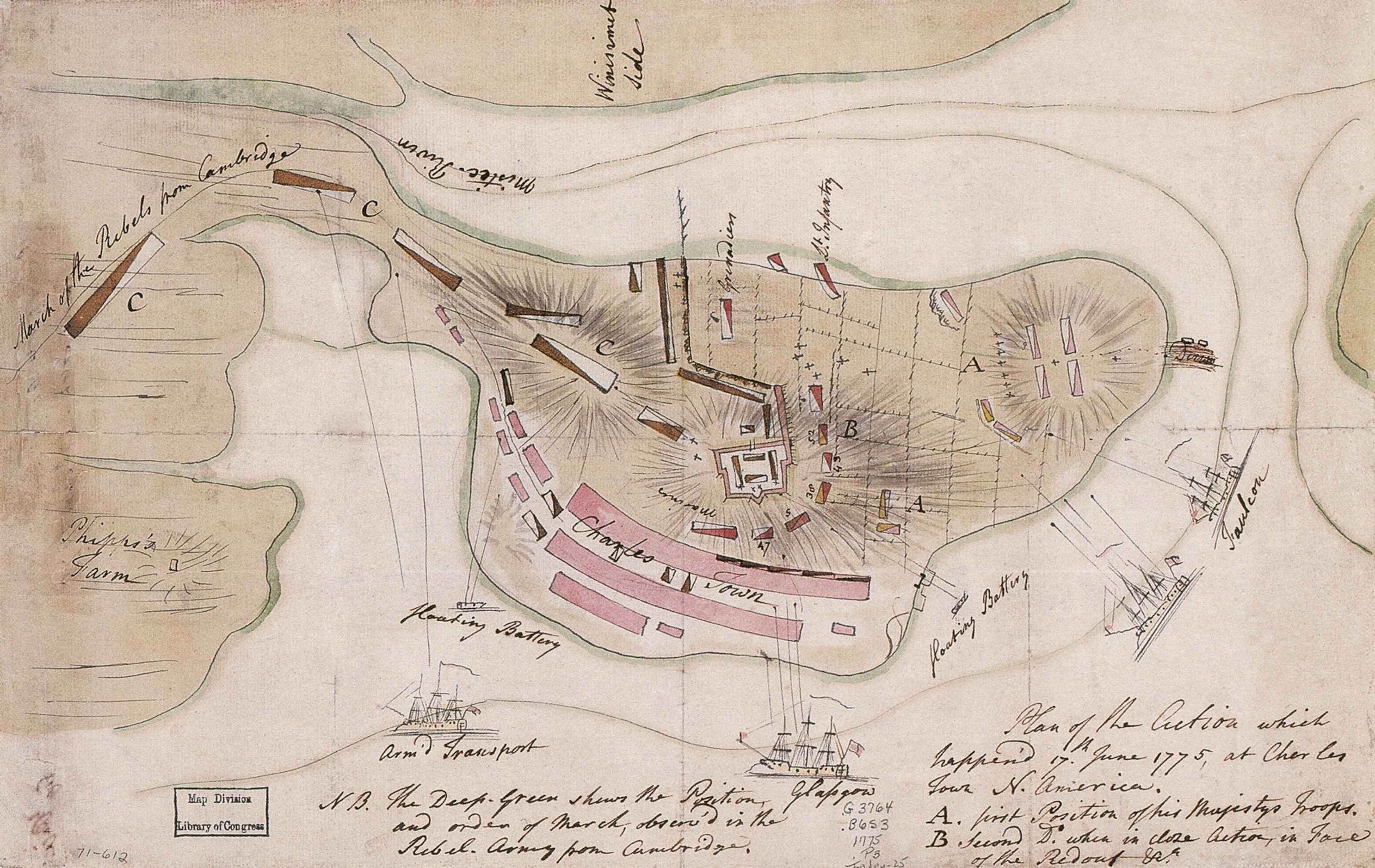 Lt. Thomas Hyde Page, a British military engineer wounded in the Battle of Bunker Hill, drew up this map tracing the route followed on the night of June 16, 1775, by American forces (brown). They moved beyond Bunker Hill to Breed’s Hill, where they built a redoubt and a breastwork extending north to the Mystic River. While warships bombarded those defenses on June 17 and set Charlestown afire, costly assaults by British infantry regiments (red) eventually ousted the defenders from their works.