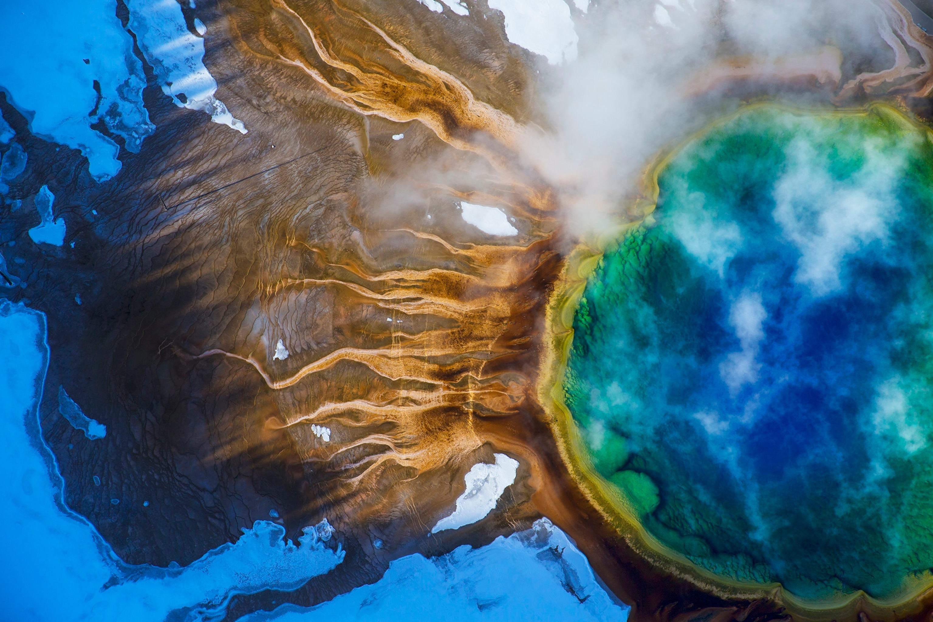 Light brown tendrils emerged from the shore of a large, clear blue spring.