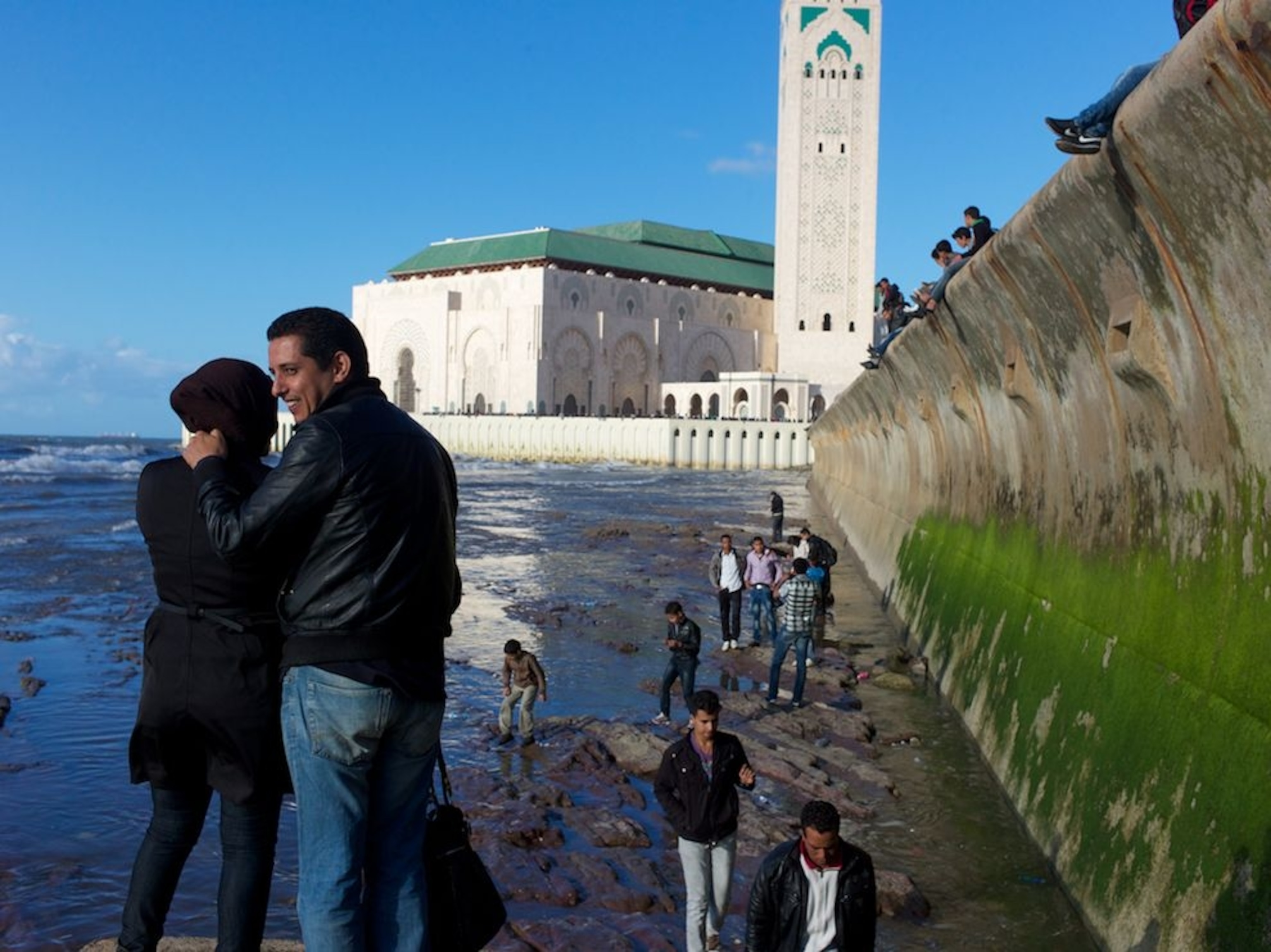 low tide on a Sunday afternoon near the Hassan II Mosque.