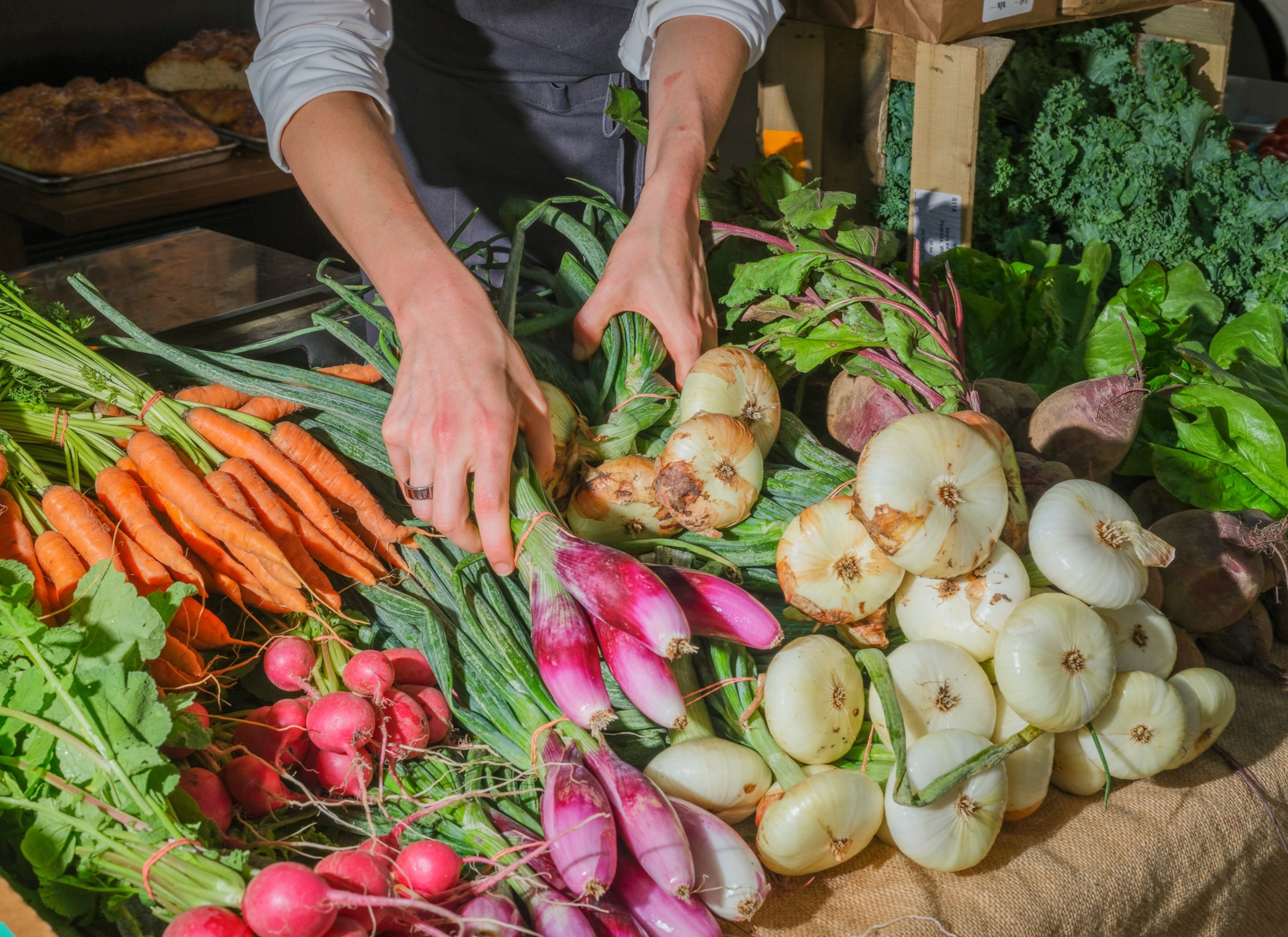 A person's arms as they sort vegetables at a farm stand