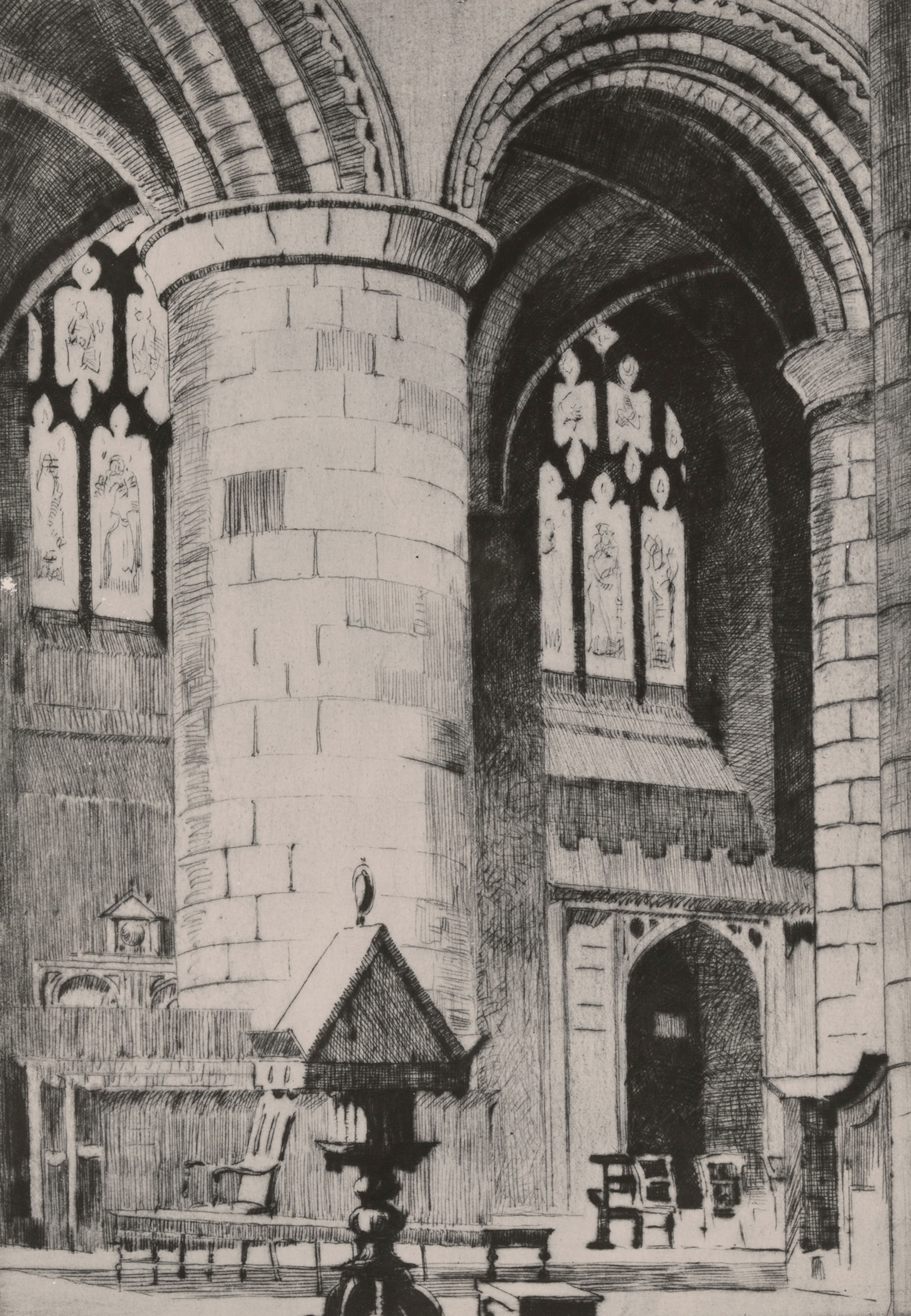 This drawing by Norman Wilkinson depicts the Gloucester Cathedral.