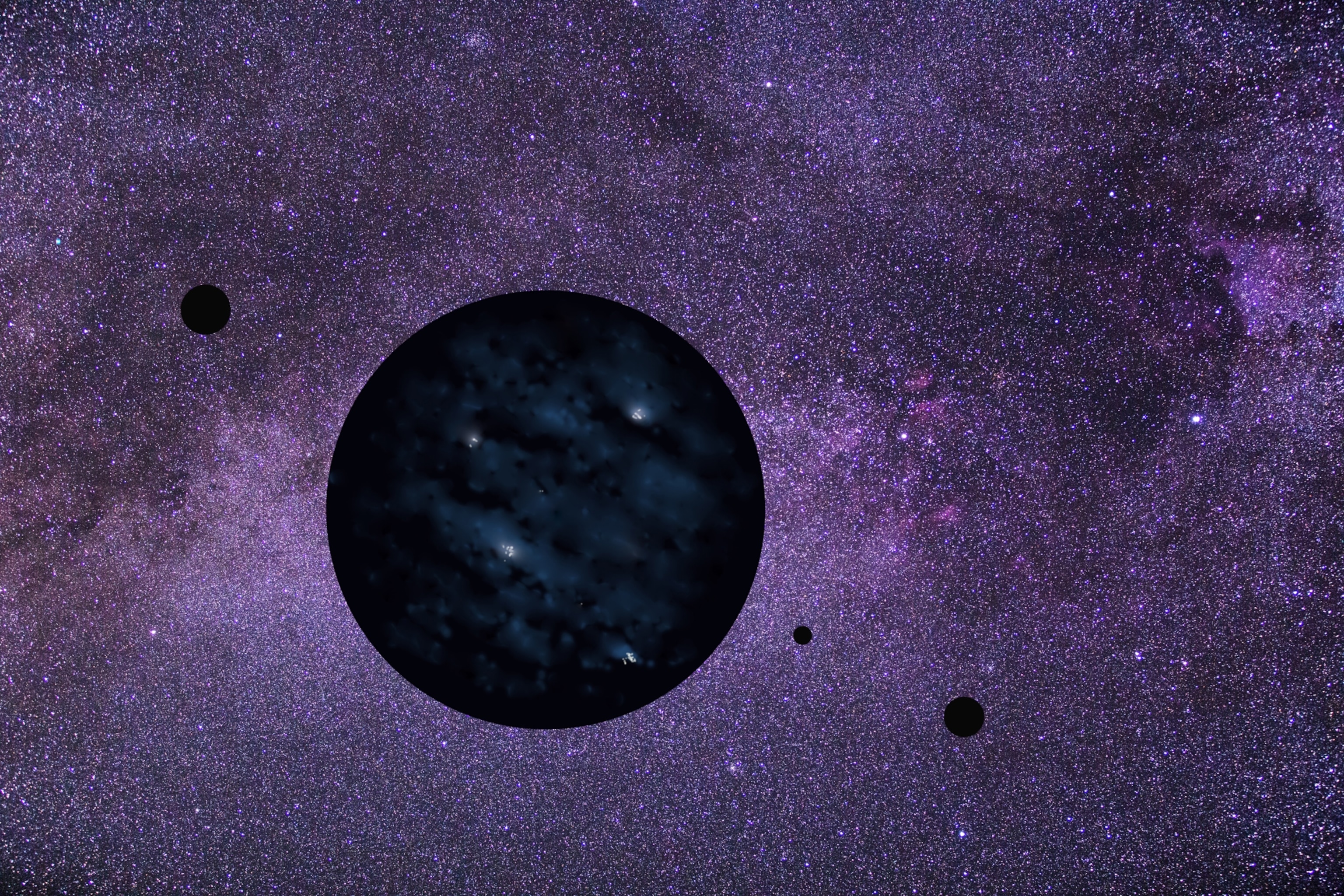 Silhouetted against the star clouds of the Milky Way and show lightning flashes in its stormy atmosphere, a rogue gas giant planet and its moons drift aimlessly through the galaxy