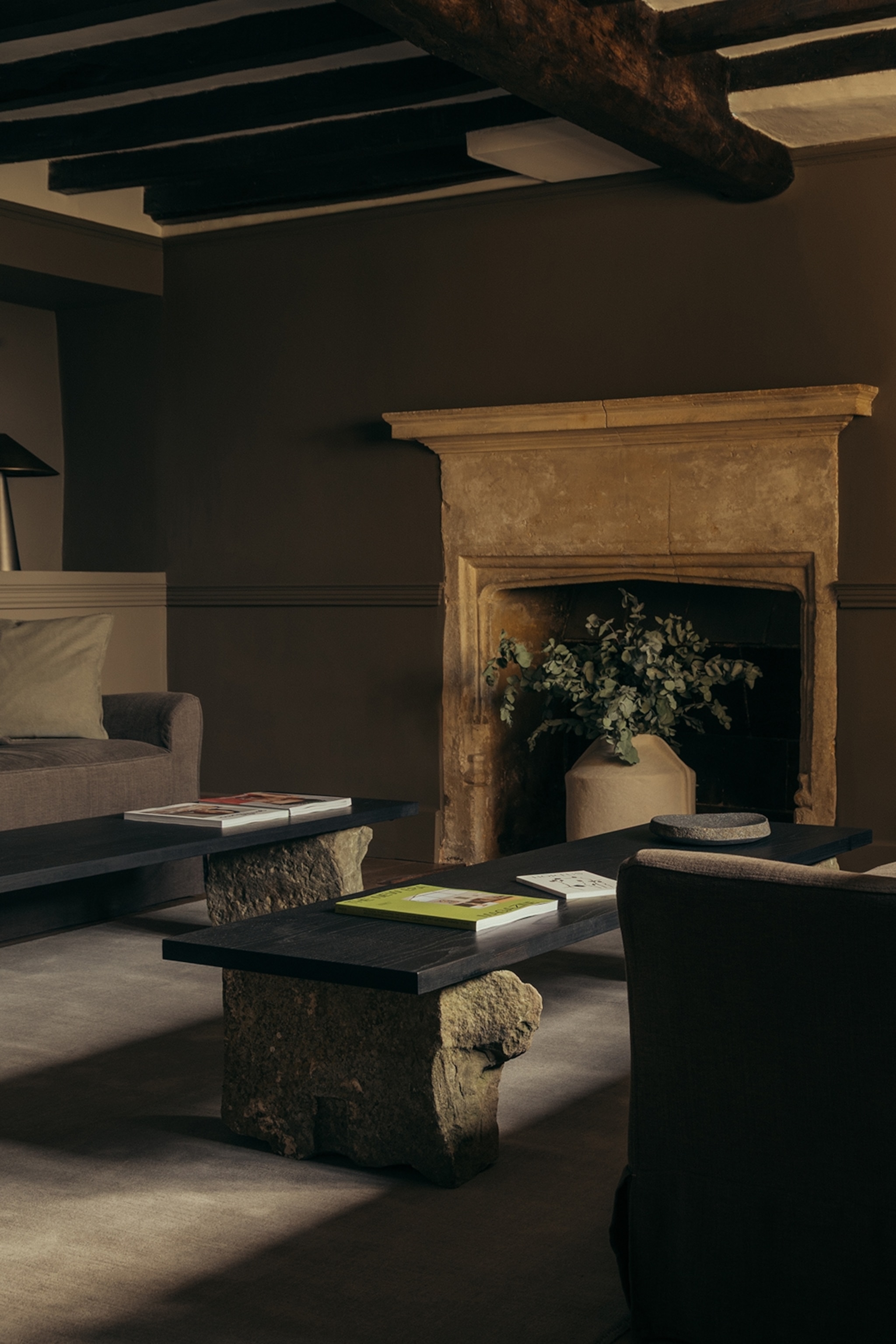 a moody lounge in a hotel