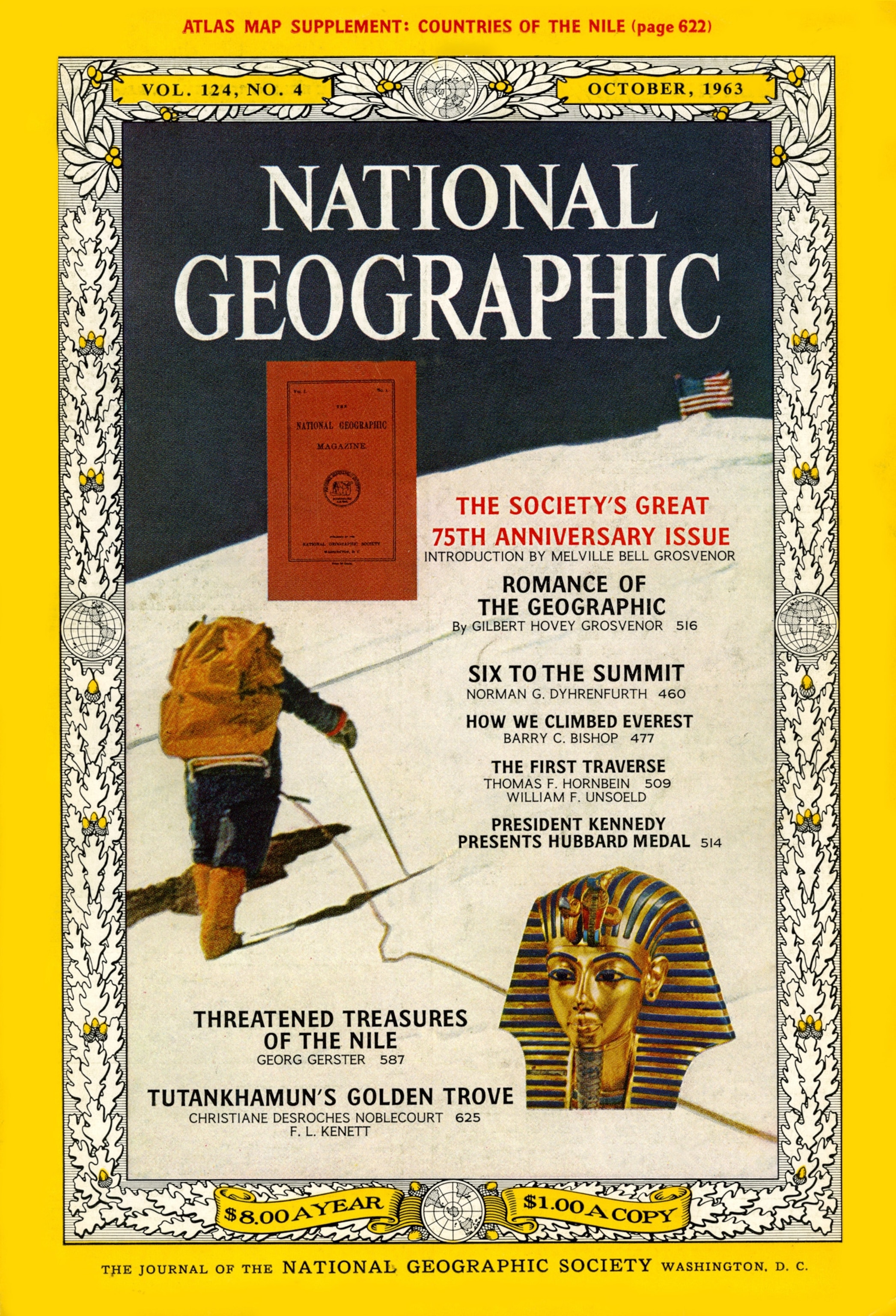 A record issue, 188 pages, celebrates the magazine’s 75th anniversary, describes the Mount Everest triumph and documents the International Campaign to Save the Monuments of Nubia.