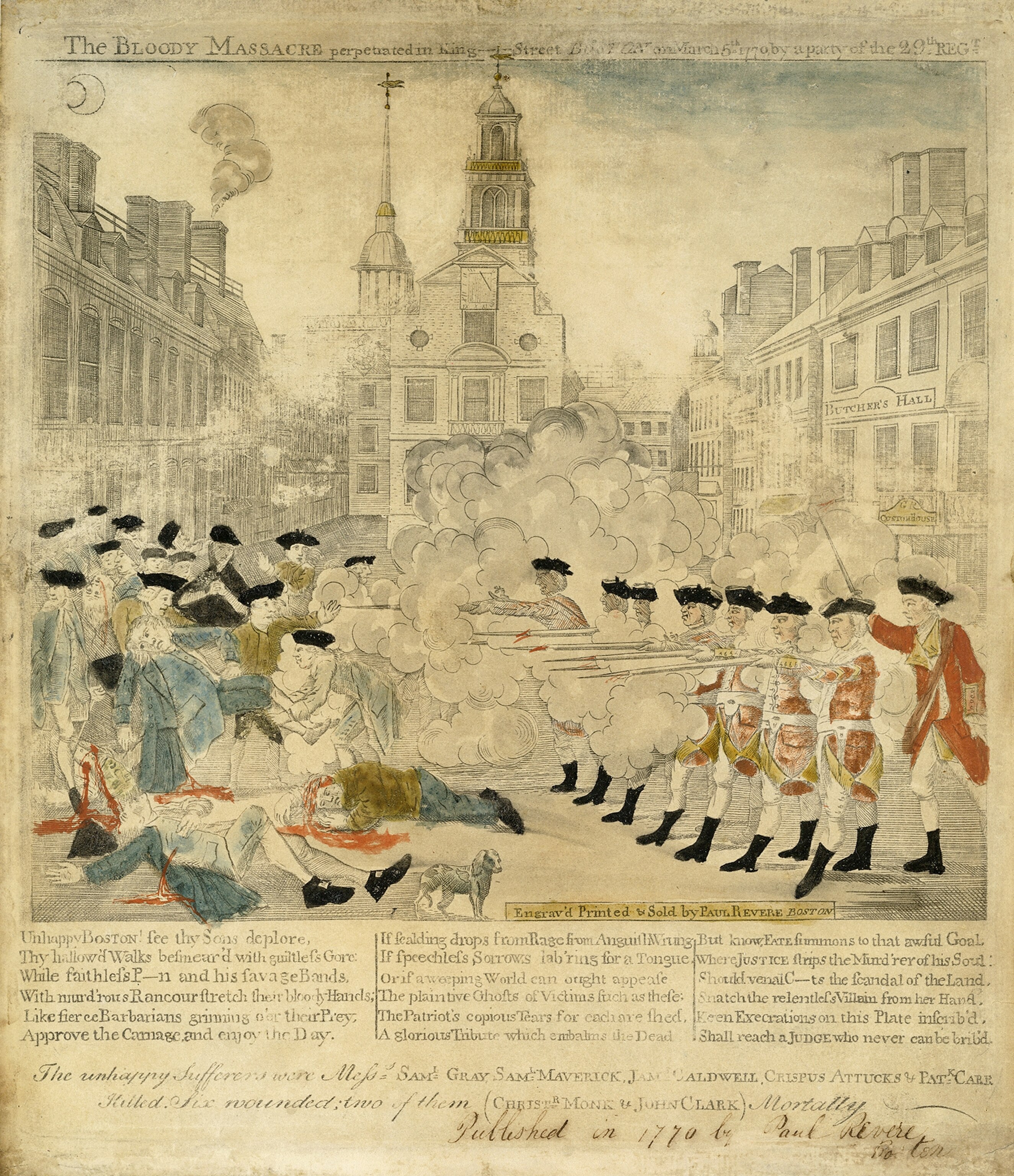 Antique print of the Boston Massacre from the American Revolutionary, by Paul Revere (American, 1734-1818) (hand-colored engraving), 1770. The title of the print is 'The Bloody Massacre perpetrated in King Street Boston on March 5th 1770 by a party of the 29th Reg't'.