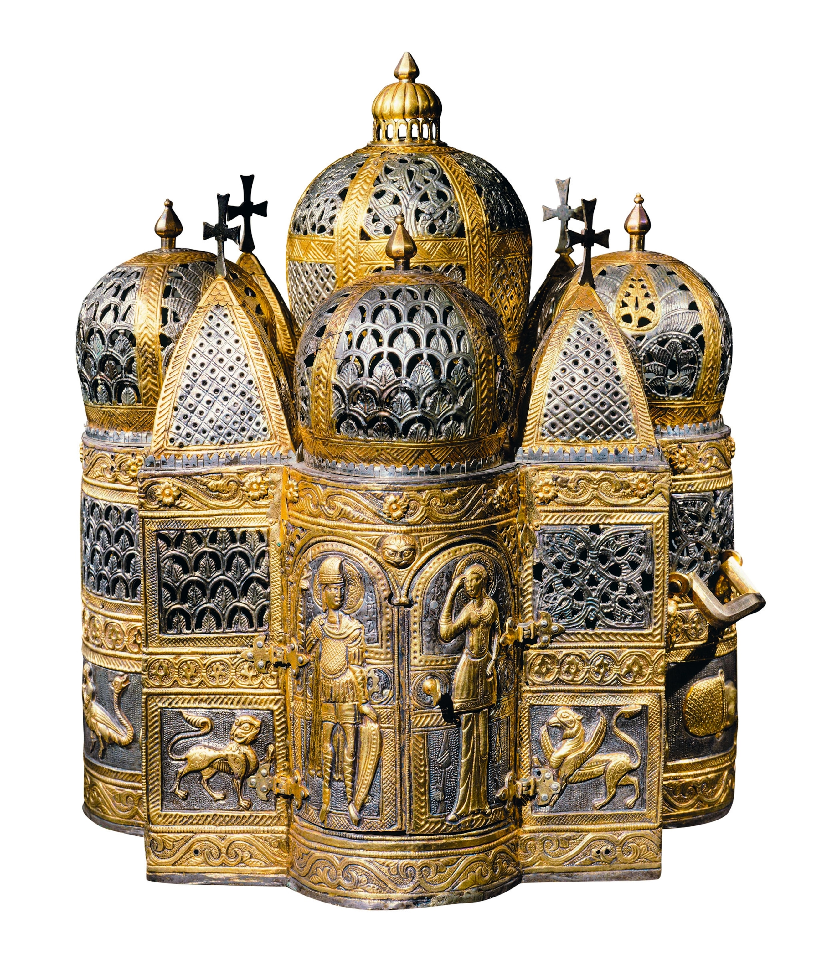 Silver censer in the shape of a church crowned with Byzantine domes.