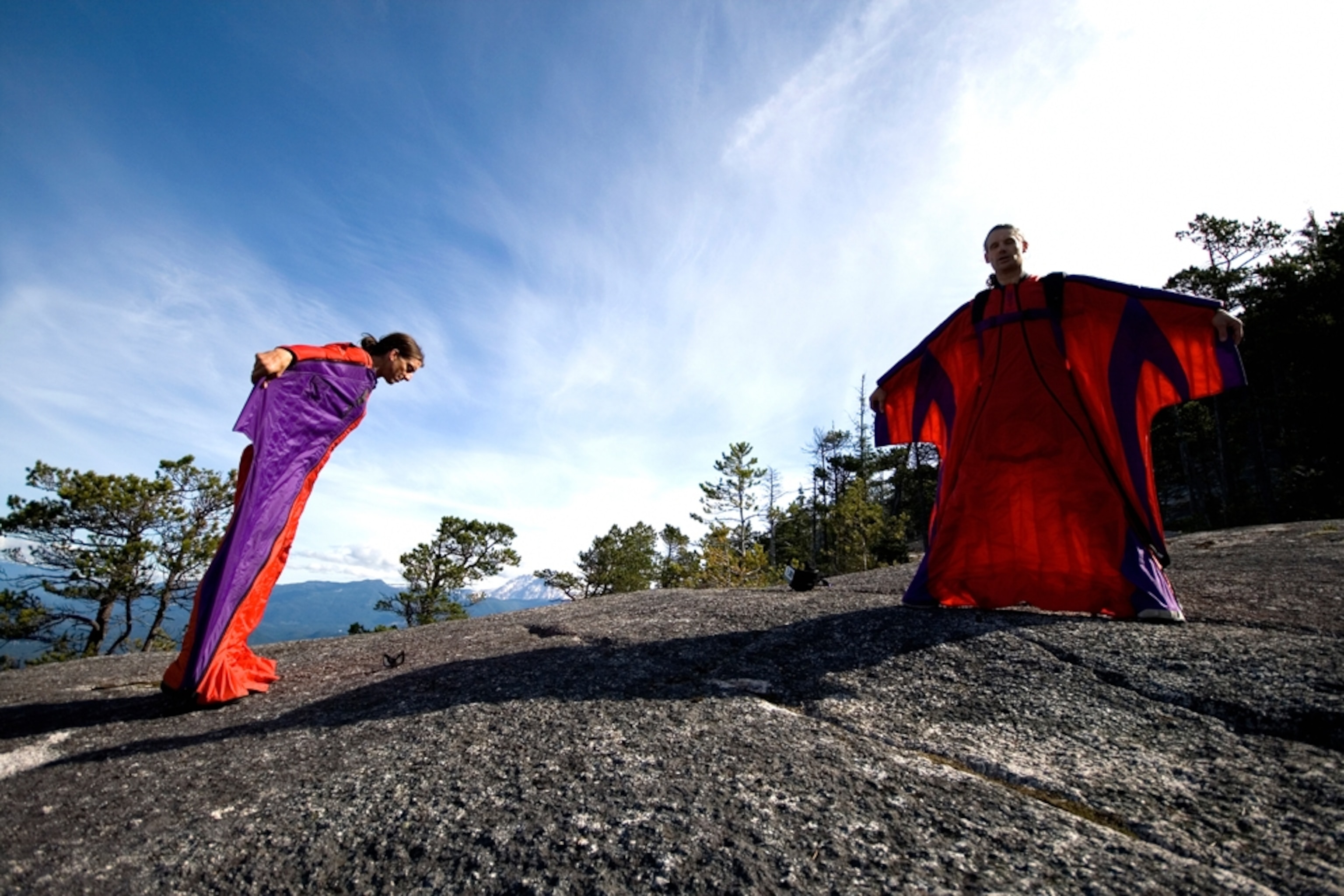 Dean Potter and Wayne Krall on Pan Wall on the Squamish Chief before BASE jumping