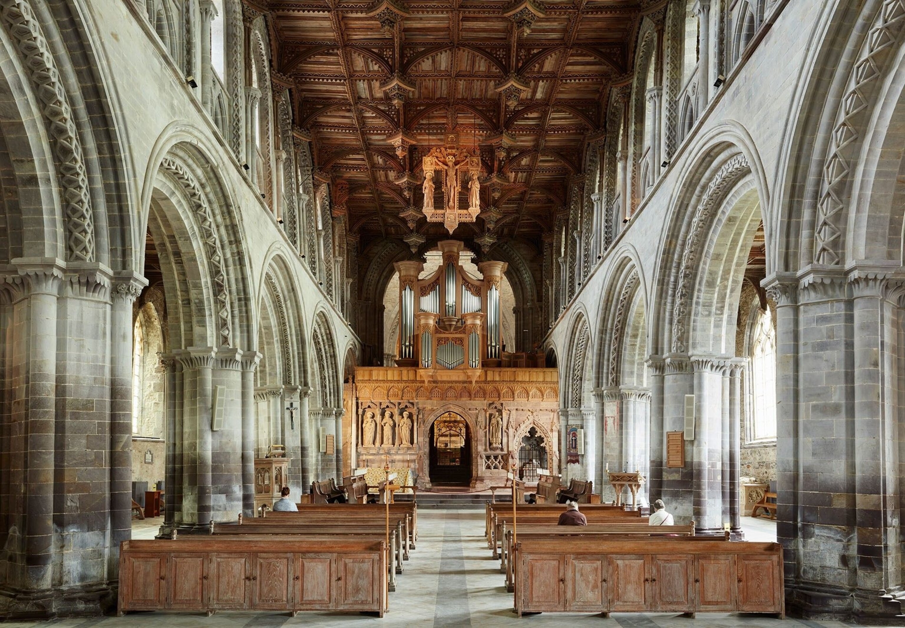 The nave of St Davids Cathedral, with its stunning Irish oak ceiling, constructed around 1530.