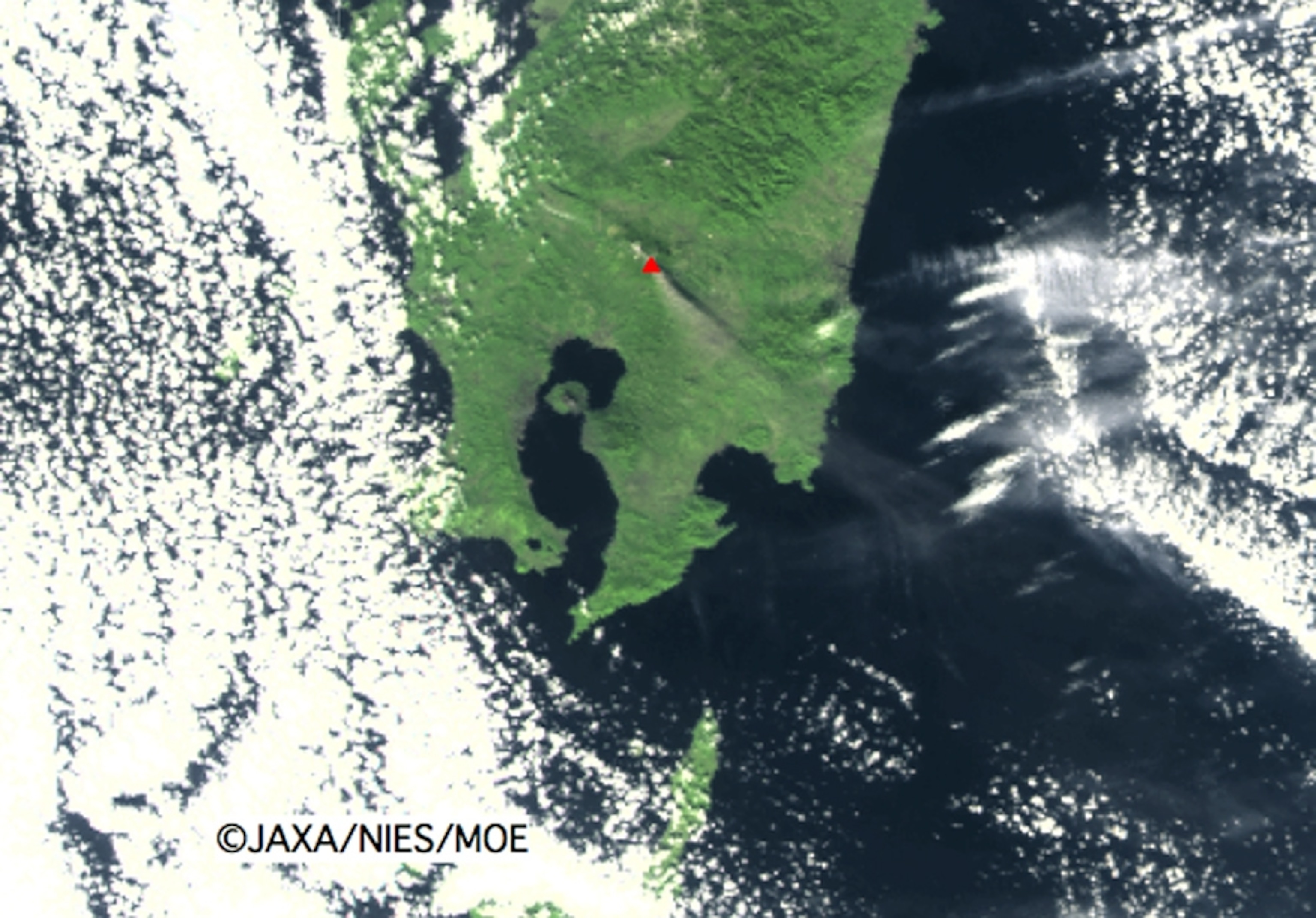 Kirishima volcano eruption picture: satellite picture of the ash plume rising from the Mount Kirishima group.