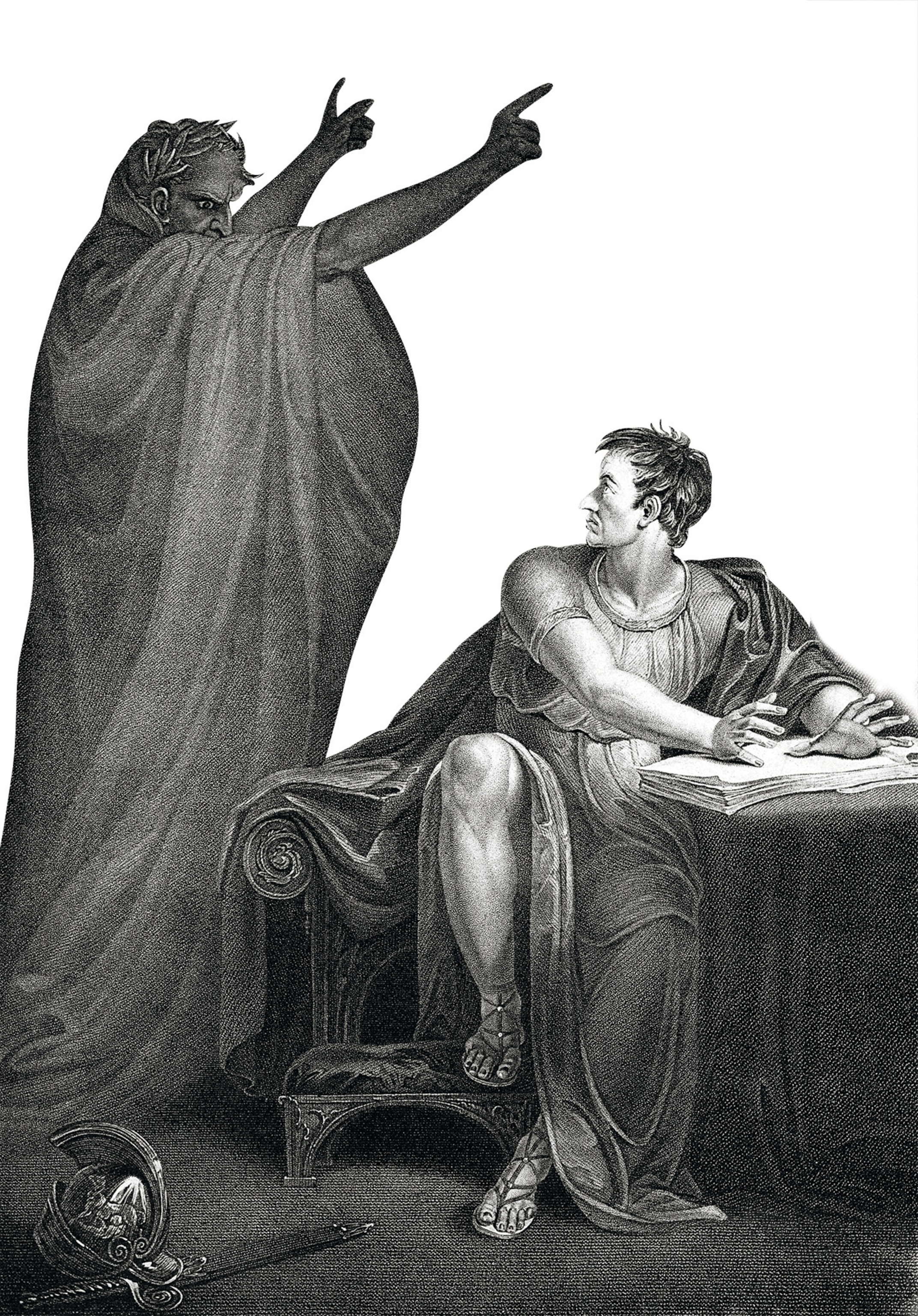 An engraving depicts the evil spirit, portrayed as Caesar, appearing to Brutus.