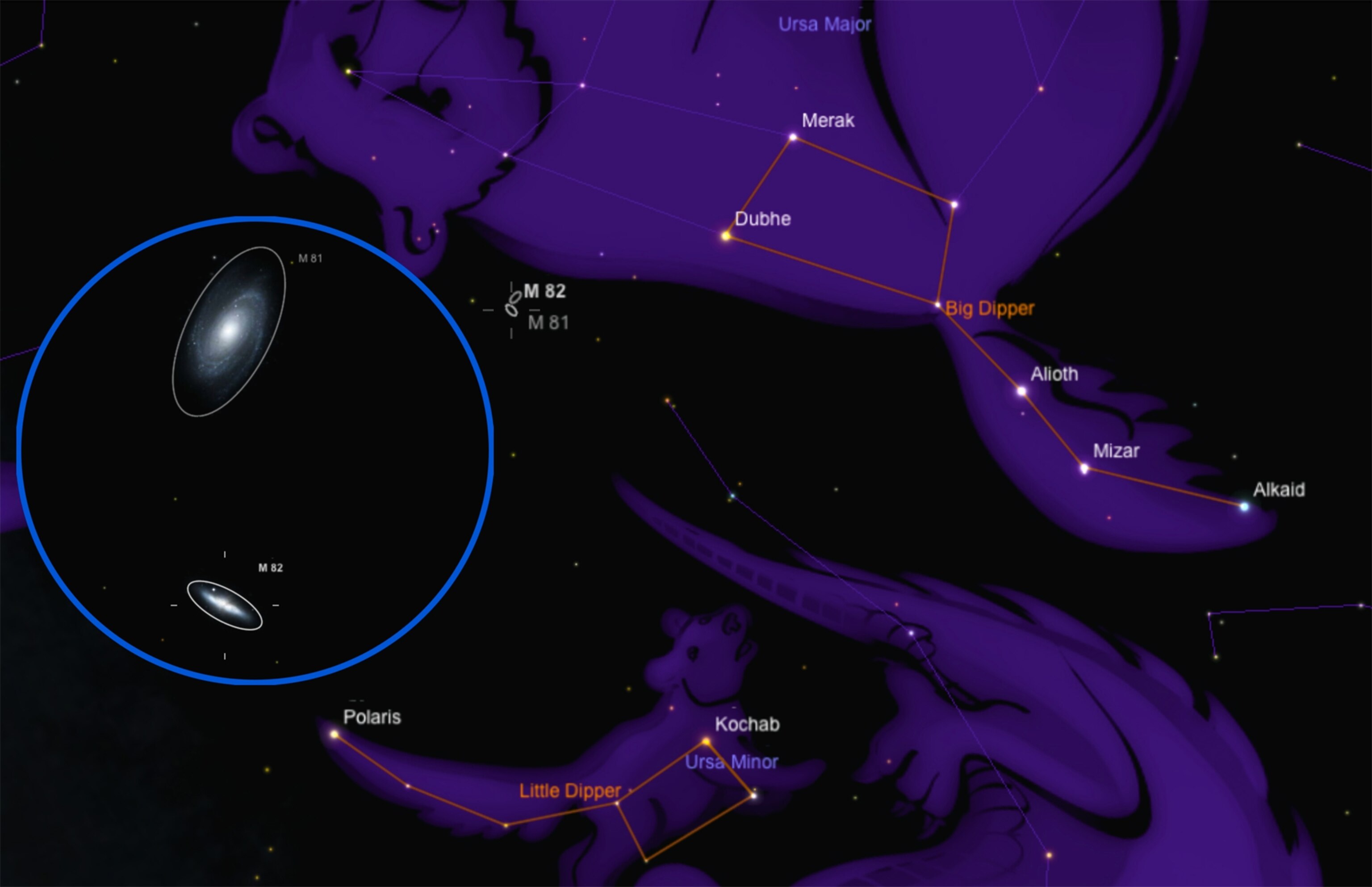 finder chart shows M81 and M82 galaxies just off to side of Big Dipper’s bowl stars
