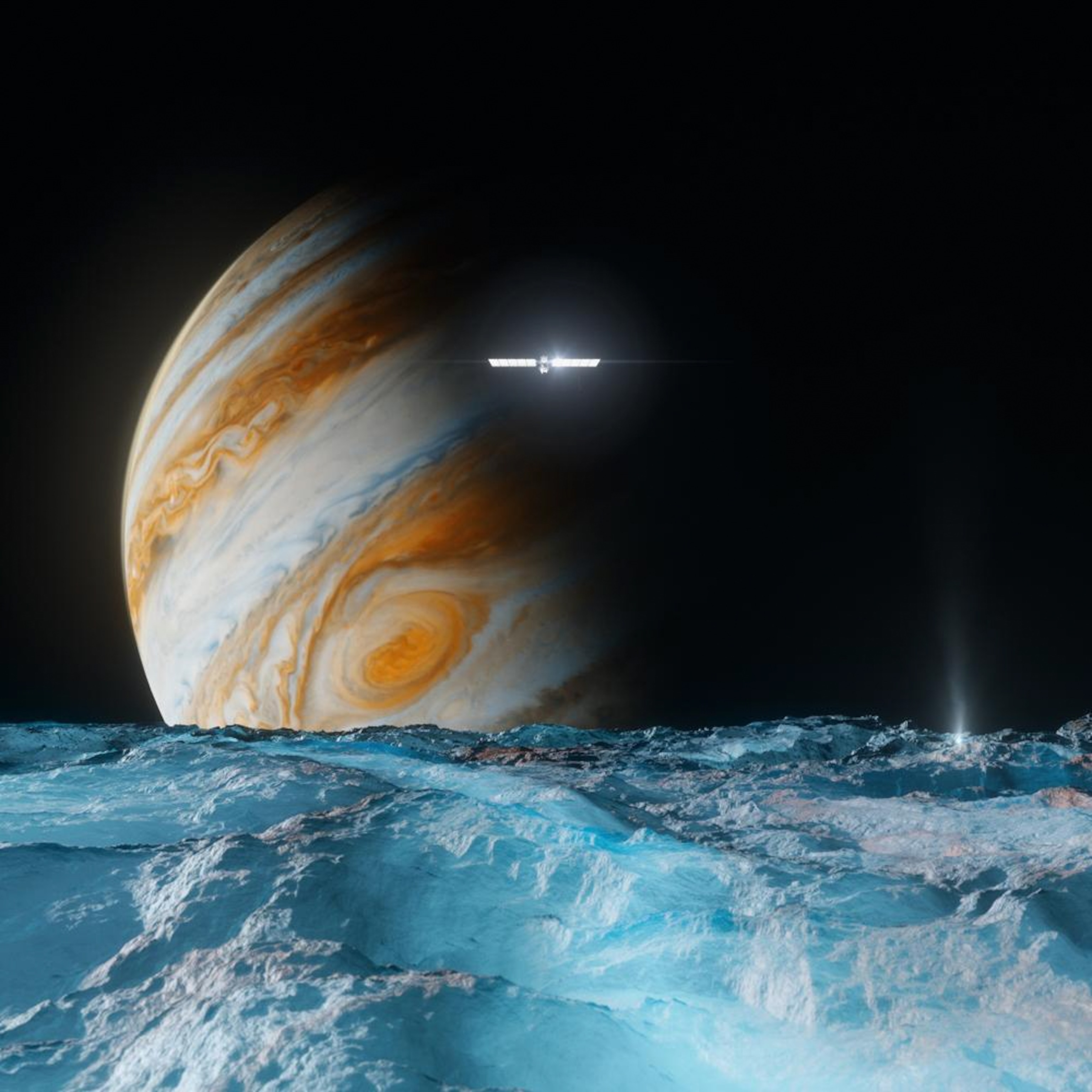 A spacecraft glides over Europa's icy, textured surface, with Jupiter's swirling orange and brown clouds looming large in the background against a dark sky.