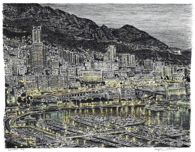 This 2013 drawing of Monte Carlo shows the city illuminated at night.