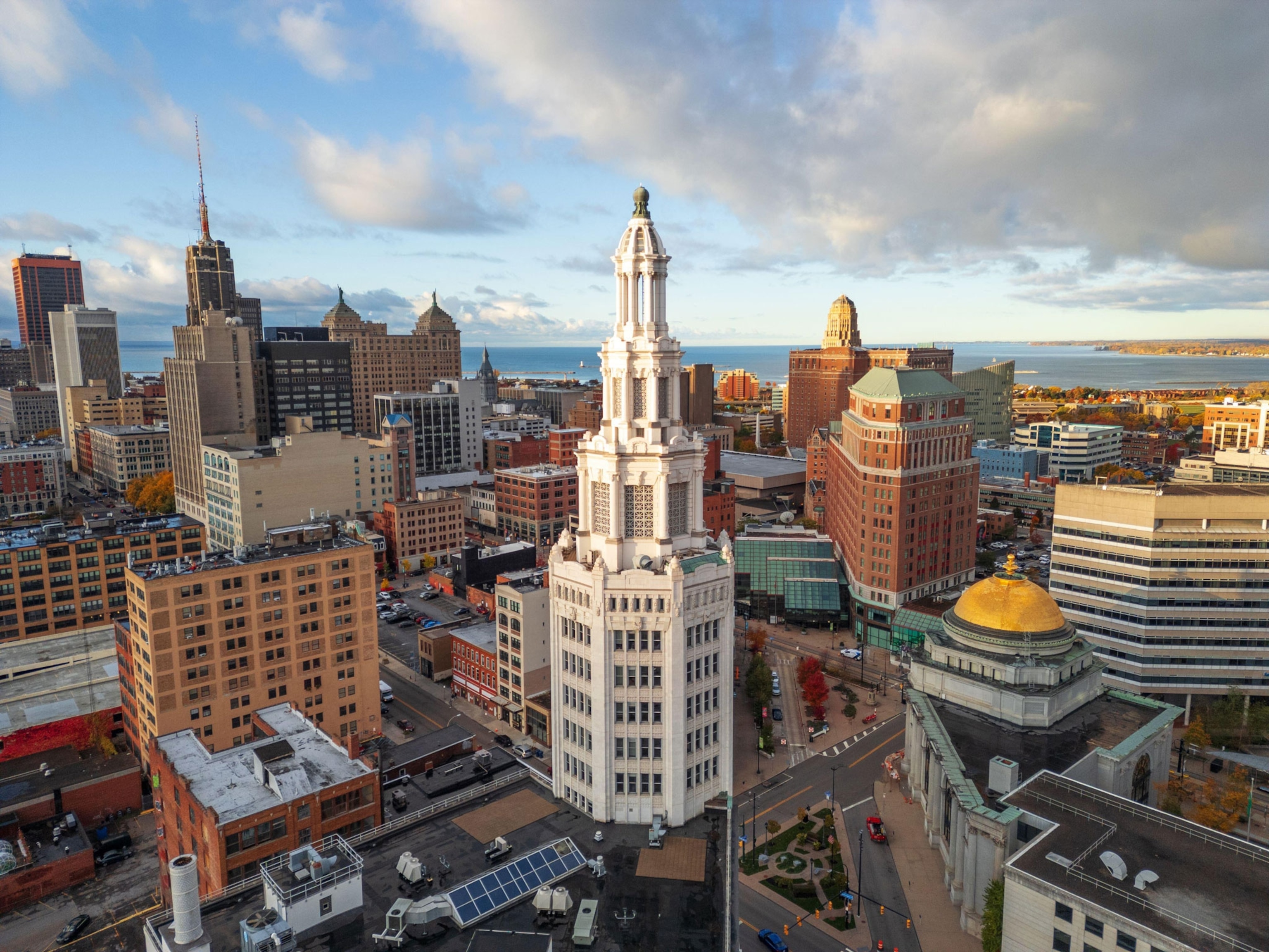 An aerial view of Buffalo, New York, city skyline late in the afternoon