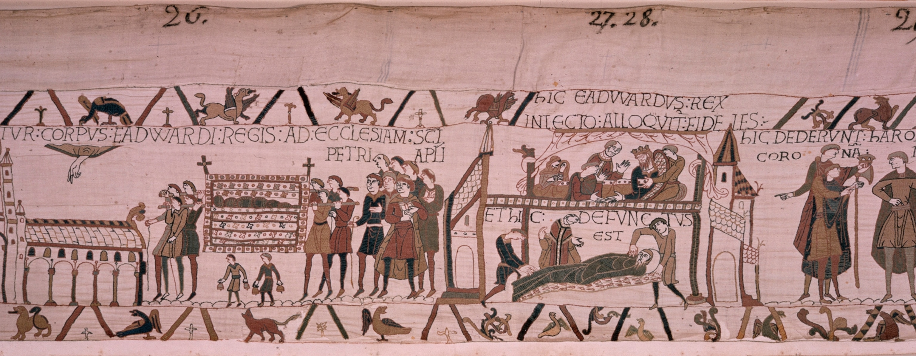 Scene from tapestry where King Edward dies, throne passes to Harold.