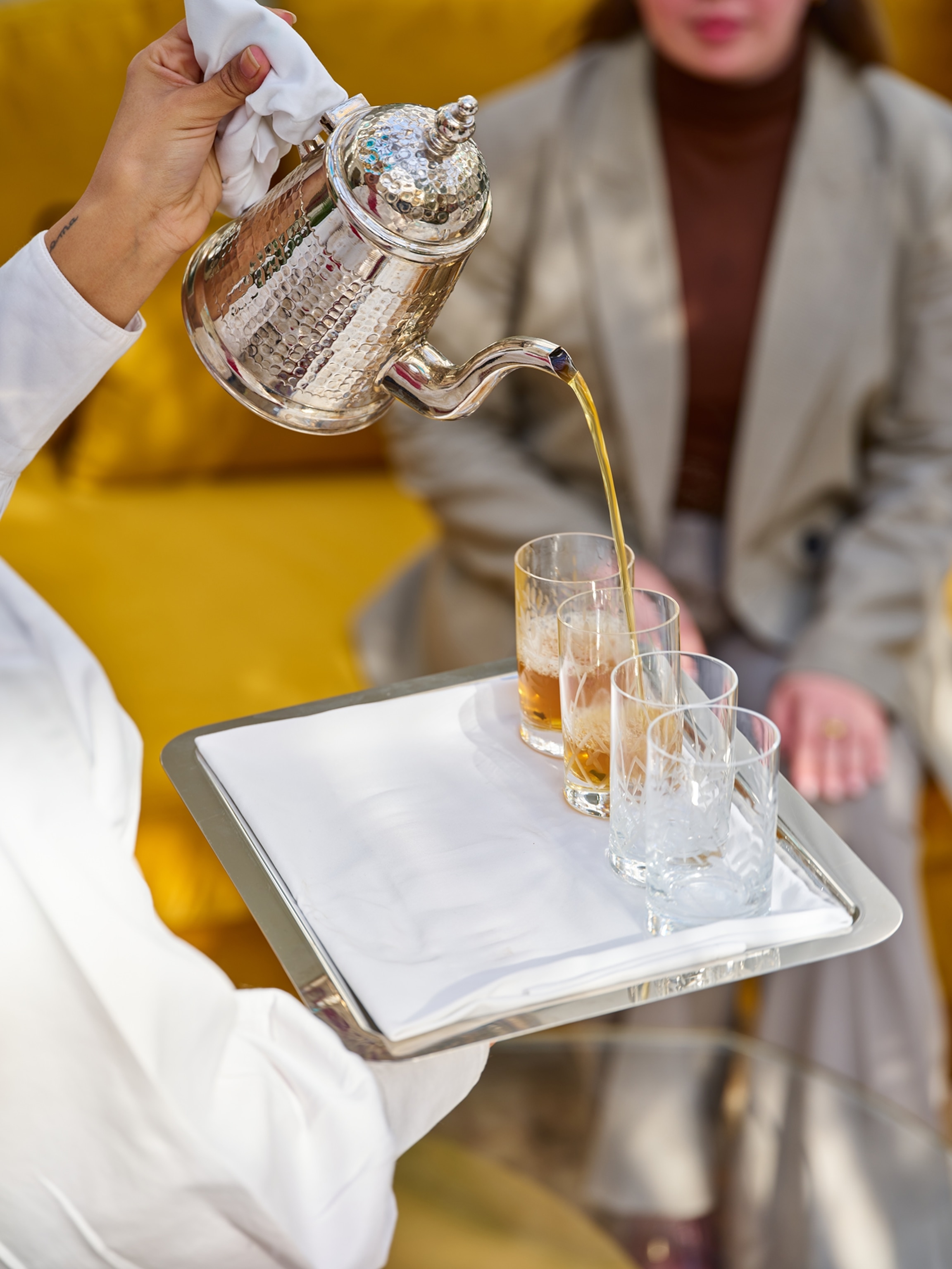 Traditional Moroccan tea time in the lobby at Four Seasons Hotel Rabat at Kasr Al Bahr.