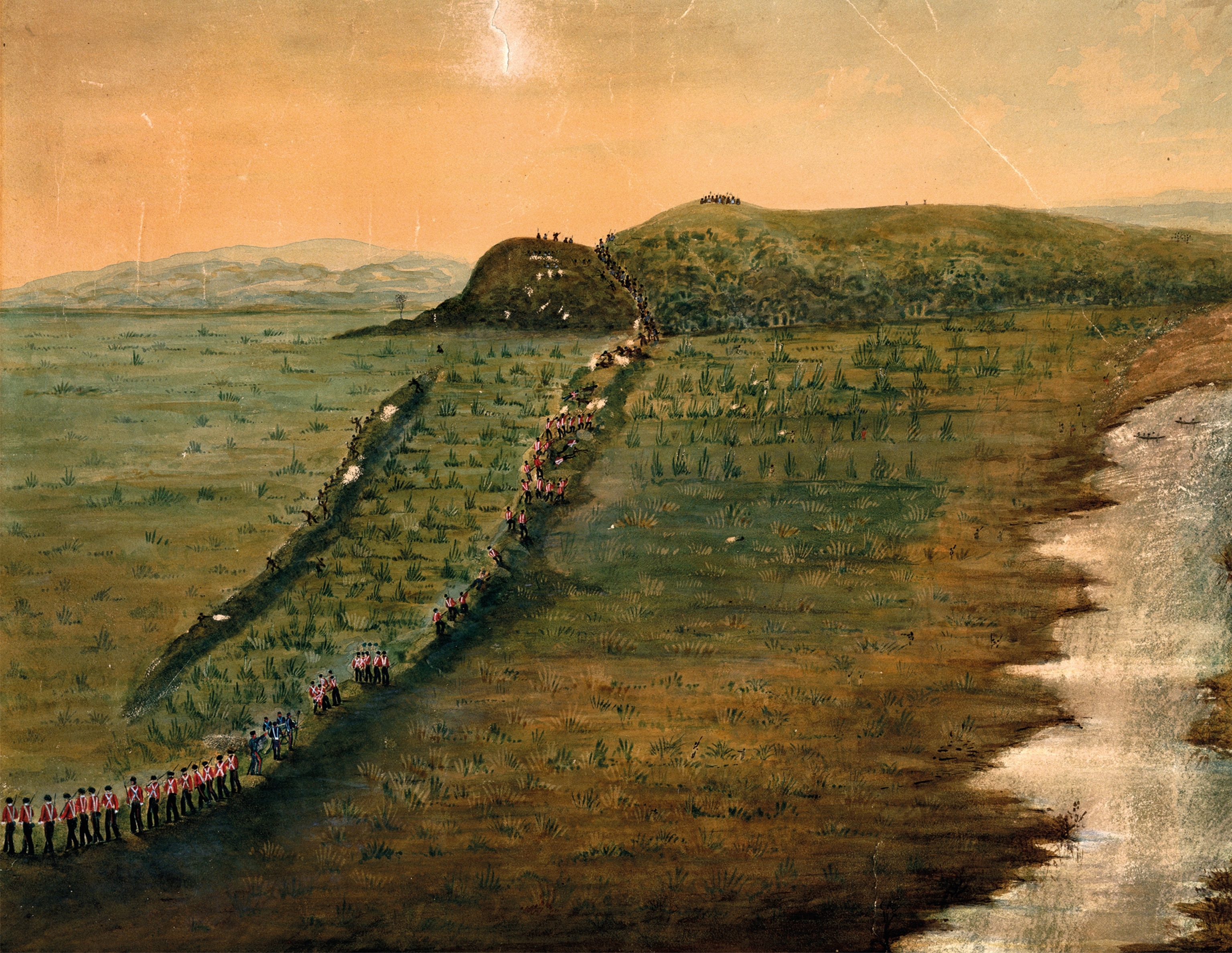 A painting shows fighting the day before the British broke the Māori siege of Whanganui on the North Island.
