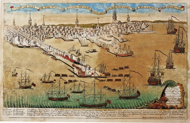 "A View of Part of the Town of Boston in New-England and British Ships of War Landing Their Troops!&rdquo; is a 1768 propaganda engraving by patriot Paul Revere.