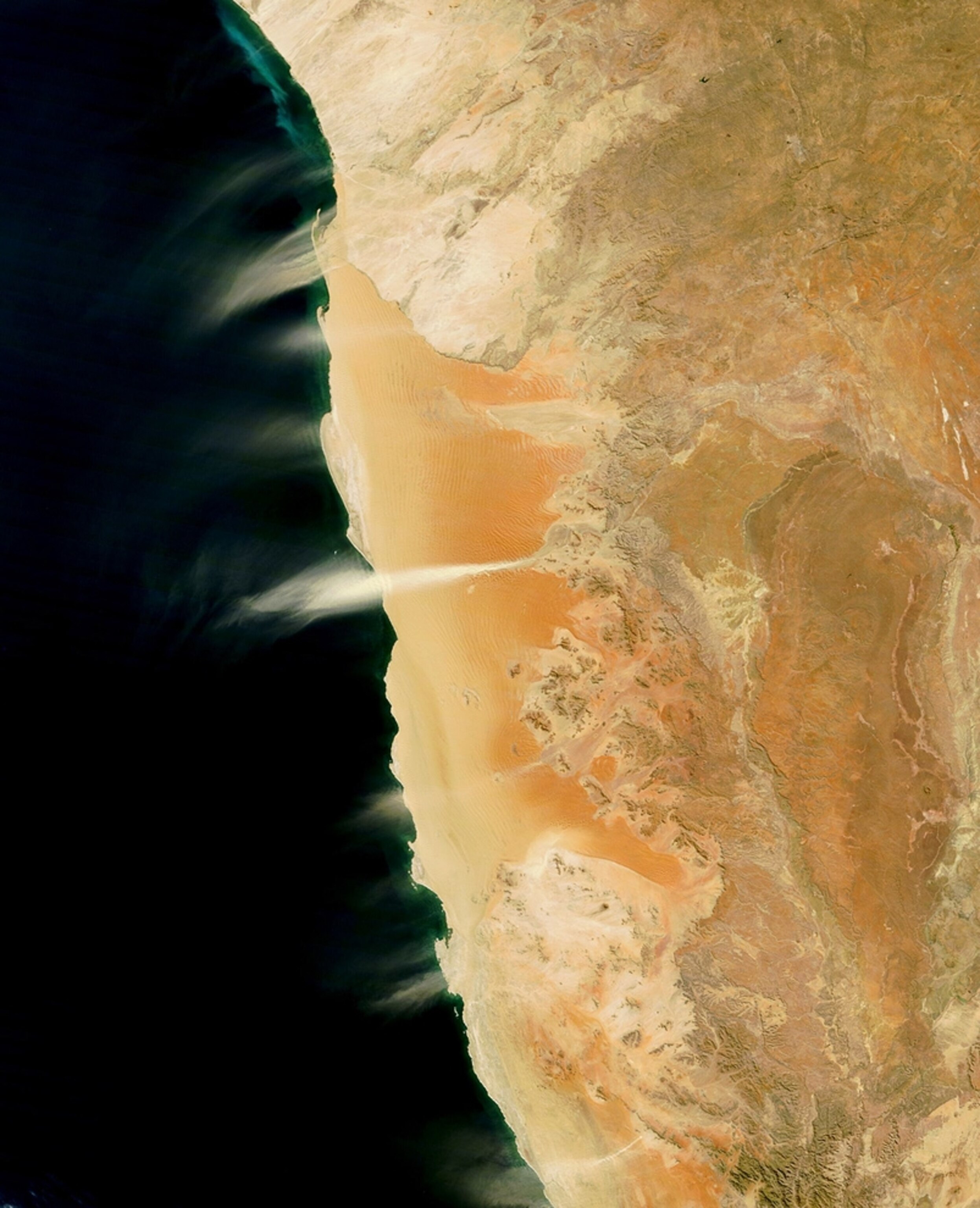 Satellite picture of dust plumes blowing over coastal sulfur deposits off Namibia.
