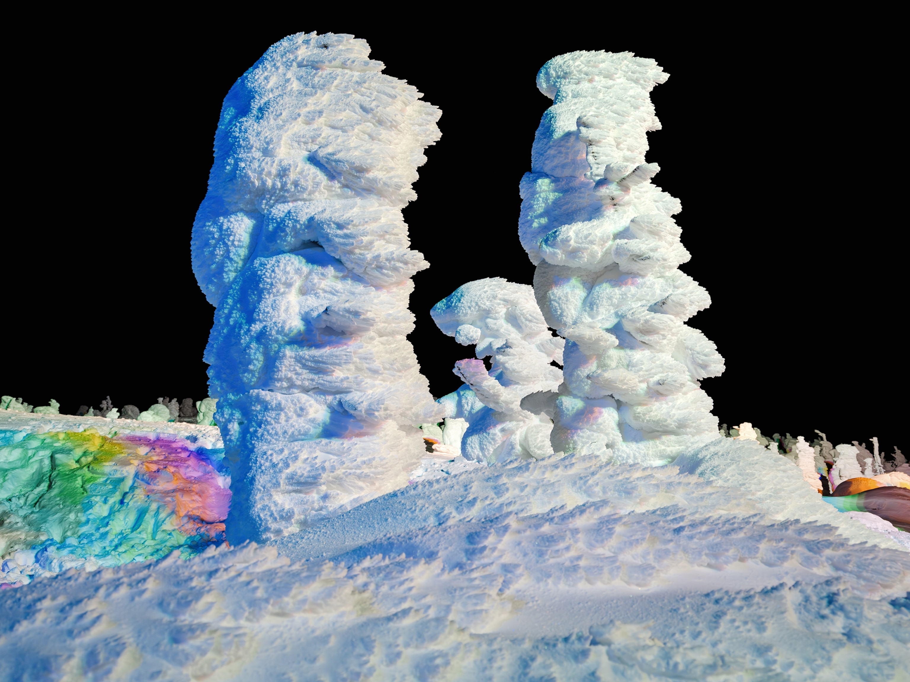 Zao Onsen, Yamagata, Japan – At night, the Zao Snow Monsters are illuminated with colored lights so visitors can continue to marvel them after dark. The surreal combo of neon & white lights give the monsters an other worldly glow. The 'Zao Snow Monsters' of Japan are a phenomenon created at the top of Mount Zao where Maries' fir trees get pelted with moisture from icy winds and get so encased that they begin to lean over, giving them the look of storybook monsters. This monster, in particular, has an almost fully identifiable face and nose.