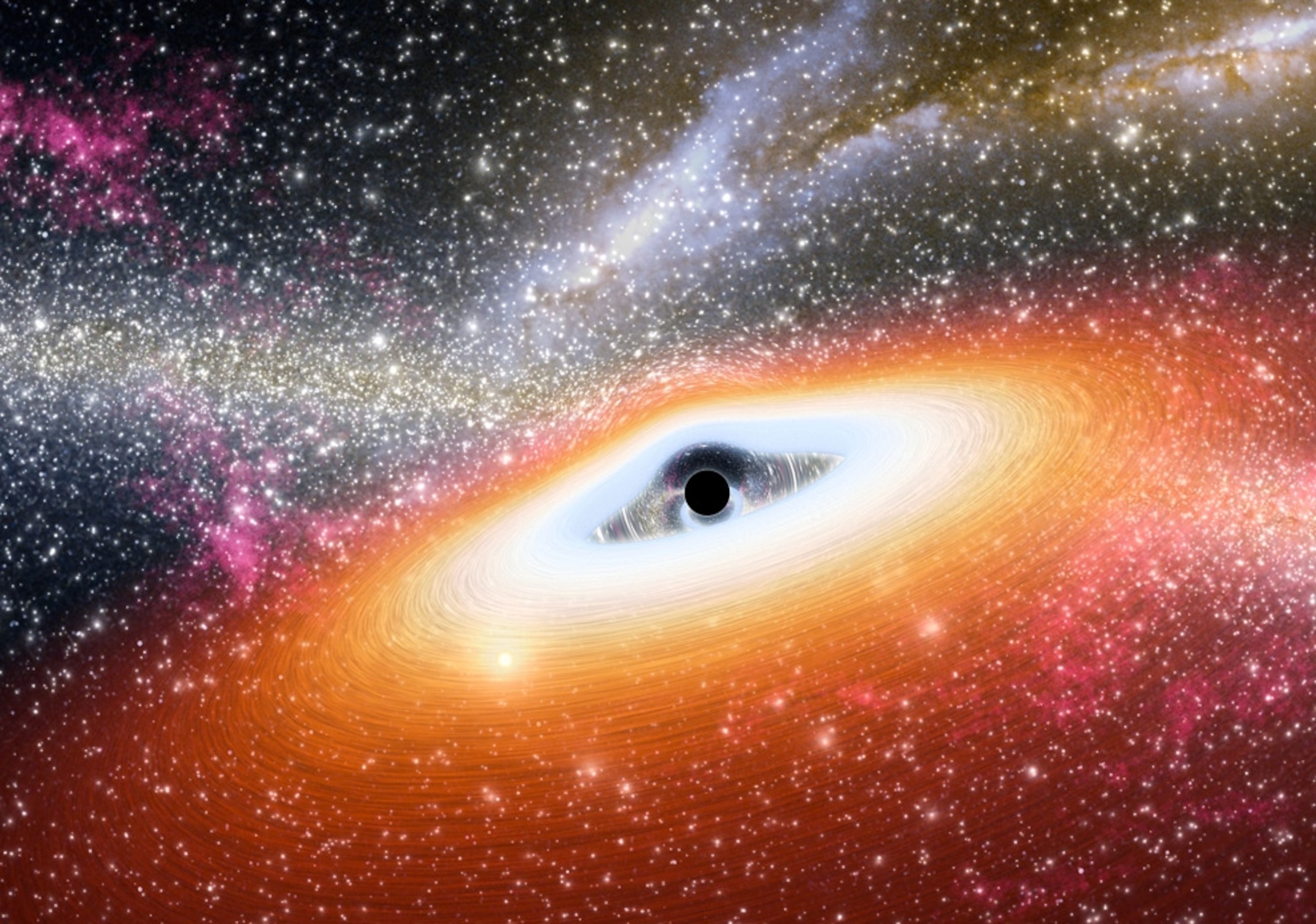 An artist's depiction of a primitive black hole in the center of an early galaxy.