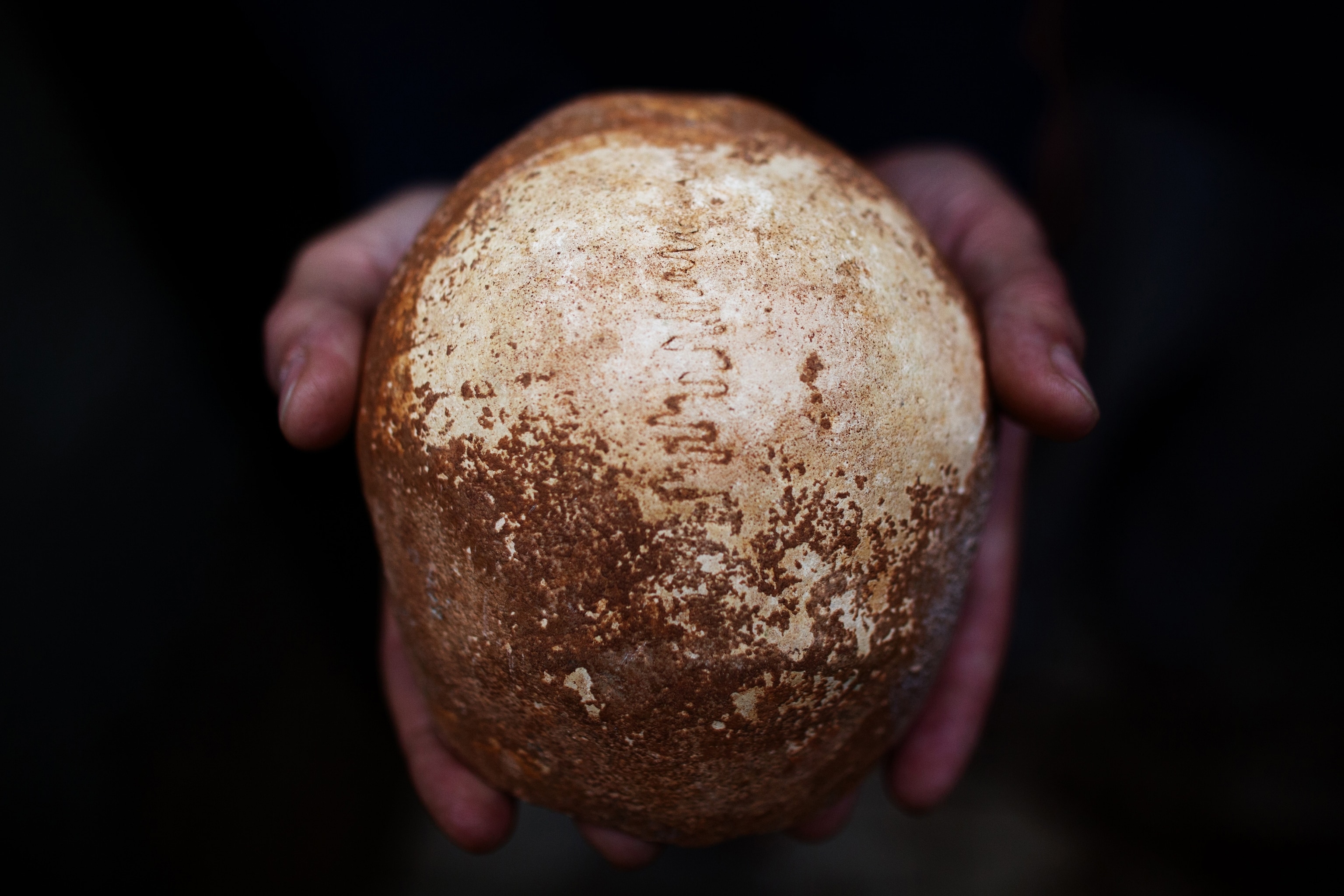 Professor Hershkowitz shows part of a 55,000 year old partial skull found in the Dan David-Manot Cave in Israel's Western Galilee, near the settlement of Manot