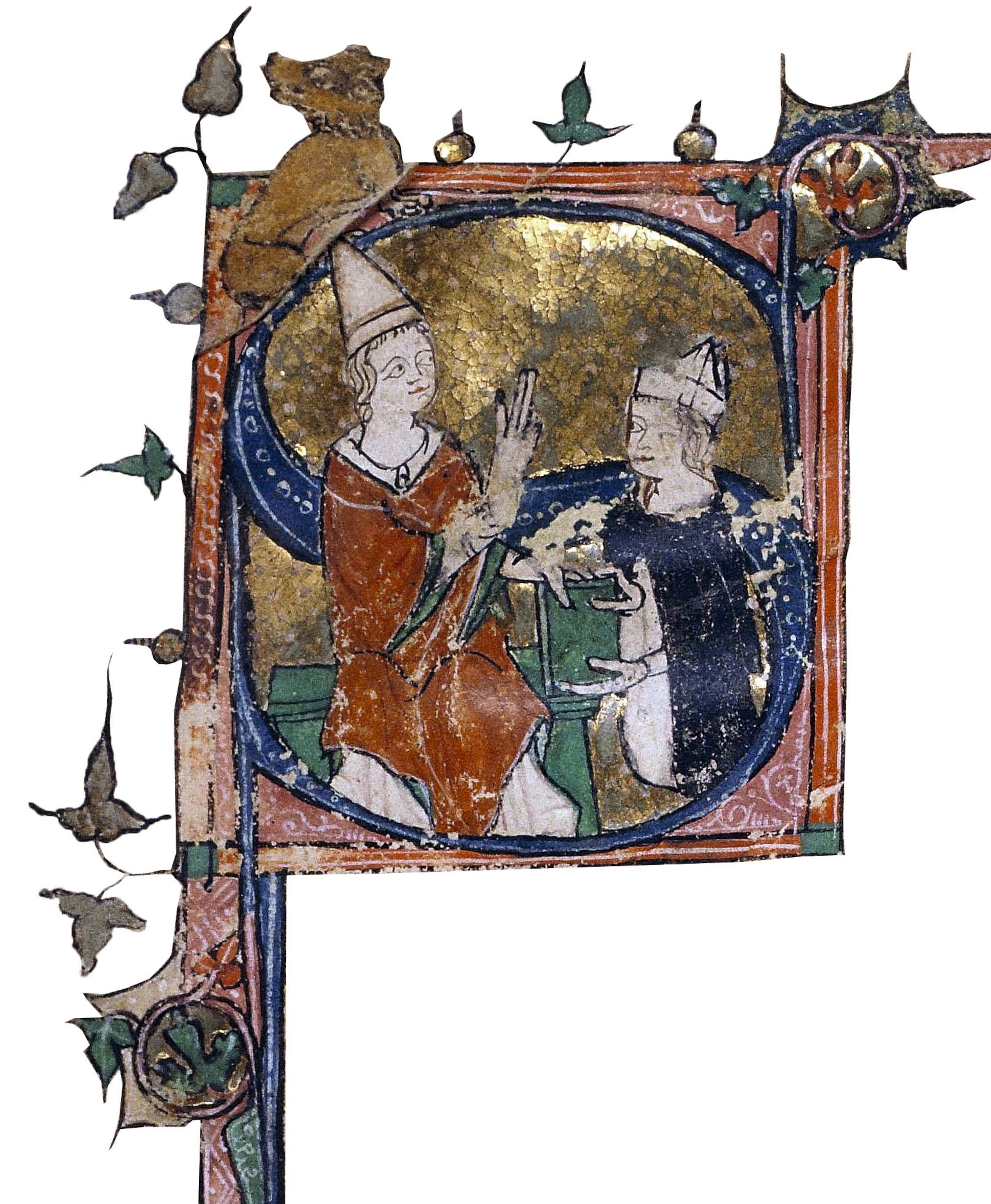 A 1329 miniature depicts Inquisitor of Toulouse Bernard Gui presenting his book of teachings to Pope John XXII.