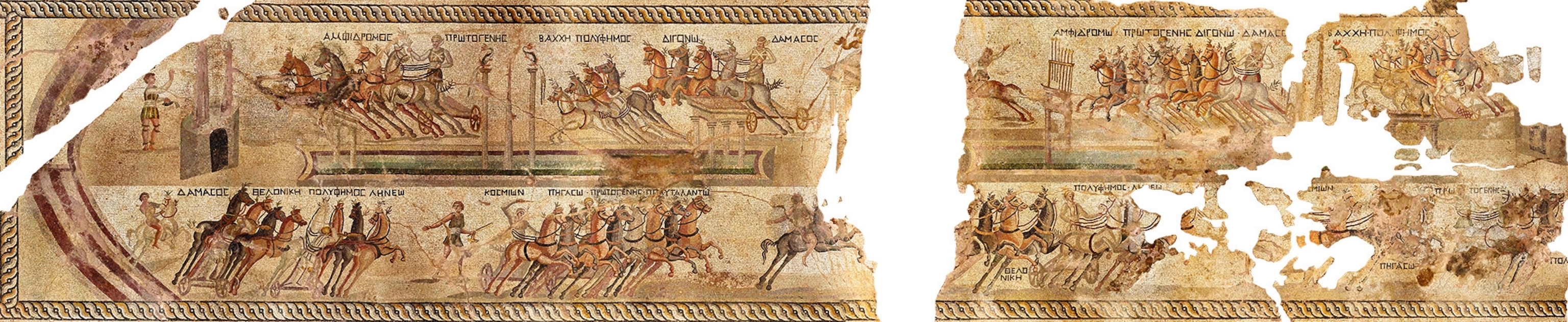 A mosaic depicts various stages of a chariot race.