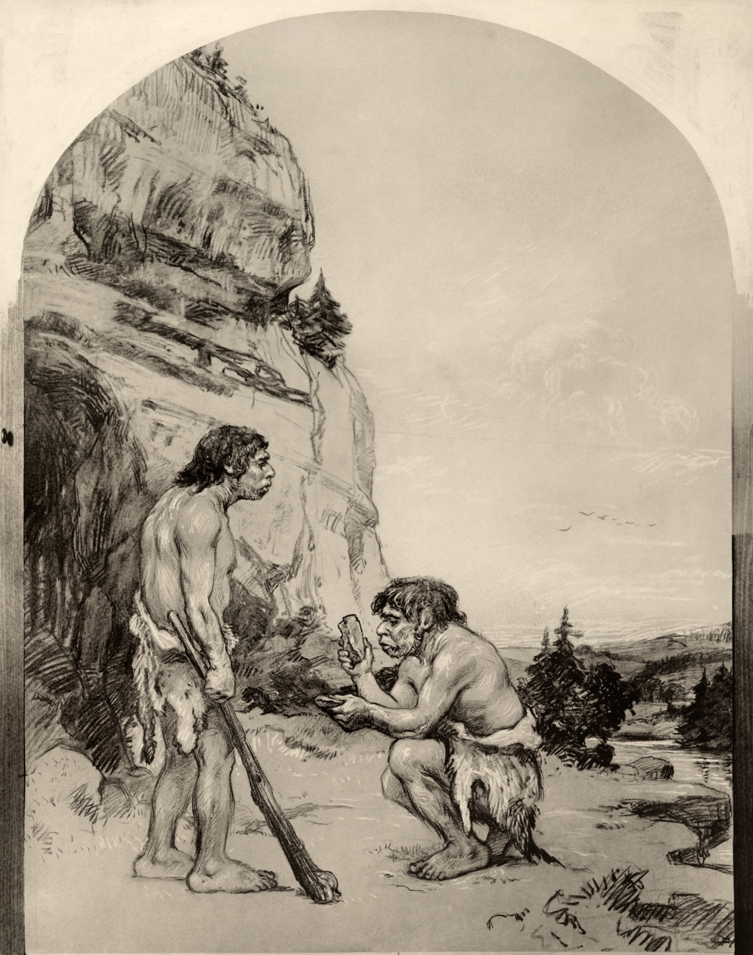 A painting of Neanderthal men outside a cave.